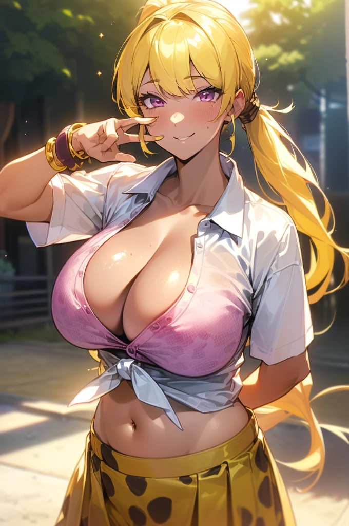 {masterpiece, distinct_image, extremely detailed CG, (extremely detailed fine touch:1.2), (natural light, sun light, light rays, dappled light, ray tracing:1.2), beautiful eyes and detailed face,realistic, photo realistic, 4k, 8k, high_resolution,perfect_finger, (beautiful_detailed_eyes:1.3), glitter, yellow_light, (glow_yellow_face, front_light:1.3), summer_light{1girl, face_focus,cowboy_shot, looking for_in_viewer, front_view, standing, hand_on_own_cheek, (piece sign pose:1.5) },{adult, (huge_breasts, wide_hip:1.3), navel, skinny_stomach,tight_gap, groin, (white_short_sleeve_cropped_button_shirt, tied button shirt:1.7),( very short_black_knife_pleated_skirt, school_uniform, cleavage:1.4), (yellow_leopard_print_bra_over_a_white short_sleeve_button shirt:1.6), (tanning_skin, dark_skin:1.5), (pink_nails, gold earrings, black neck choke, white collar, multiple colored bracelets:1.4),(yellow_hair, pink_eyes, long_hair, side_ponytail, slanted_eyes, bangs:1.4), (smiling face:1.3), sweat, white background}