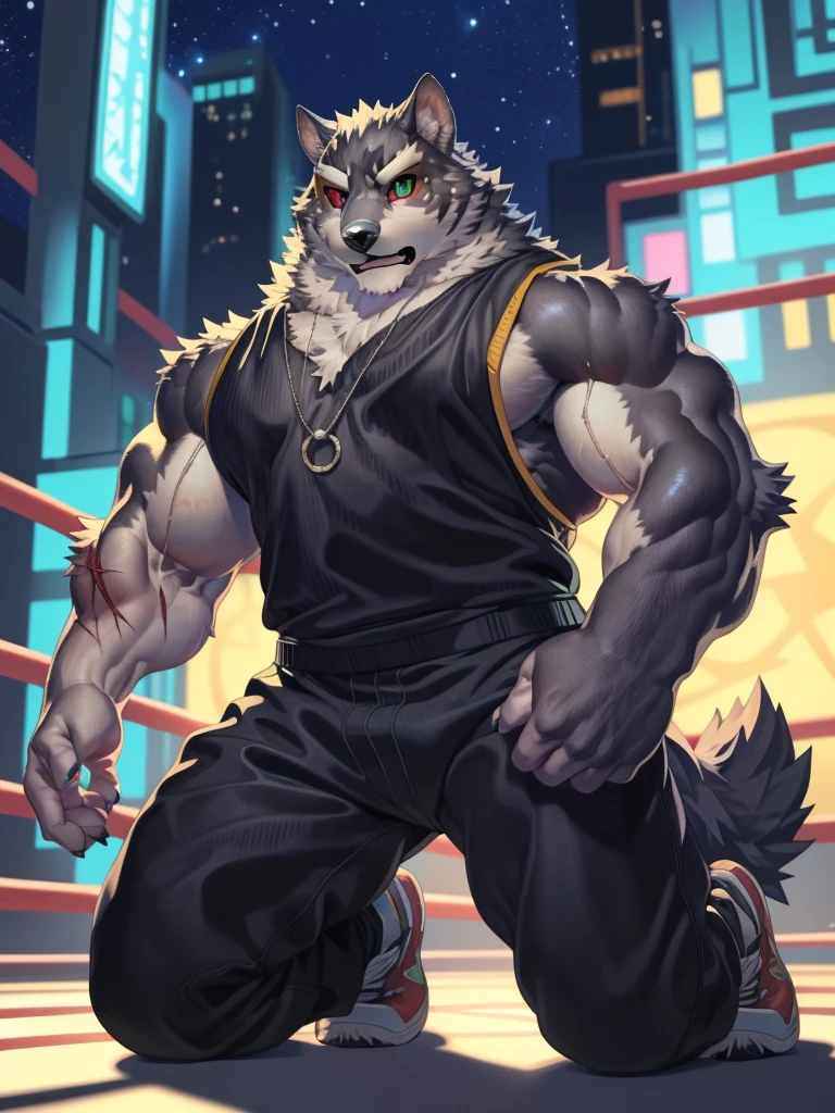 solo, anthro, furry, furry male, monomasa,((fluffy fur,fluffy,furry body)), (monomasa print), muscular male, big, abs, chest, pectorals, black pupils, green eyes, red sclera, tail, detailed fluffy fur, detailed face, detailed eyes, necklace, black tank top, black and white fur, black pants, sneakers, (yellow eyeshadow:0.8), cyberpunk fighting ring, (by null-ghost,by raccoon21, masterpiece, high quality, hi-res, 8k, hd), standing,close-view portrait, looking at viewer, night, indoors, wounded, hurt expression, kneeling, beaten up