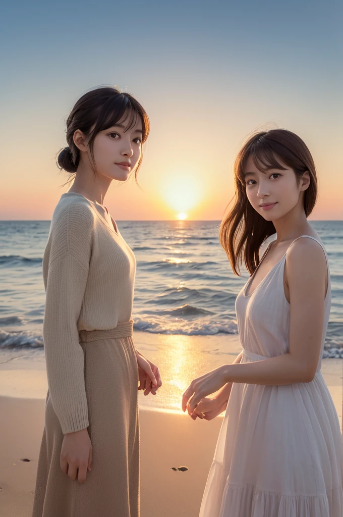 Create a  artwork featuring two women who embody the essence of Haruka Ayase and Kasumi Arimura. The first woman should have an elegant and graceful presence, reminiscent of Haruka Ayase, with a bright smile and a calm, sophisticated fashion sense in soft, muted tones. The second woman should reflect the cute and natural charm of Kasumi Arimura, exuding a friendly and approachable aura with a casual and relaxed style. The background should depict a peaceful seaside setting with gentle waves, a clear blue sky, and subtle hints of the setting sun casting a warm, golden glow over the scene.
This artwork should capture the harmonious blend of elegance and natural beauty, creating a visually soothing and emotionally uplifting piece.
