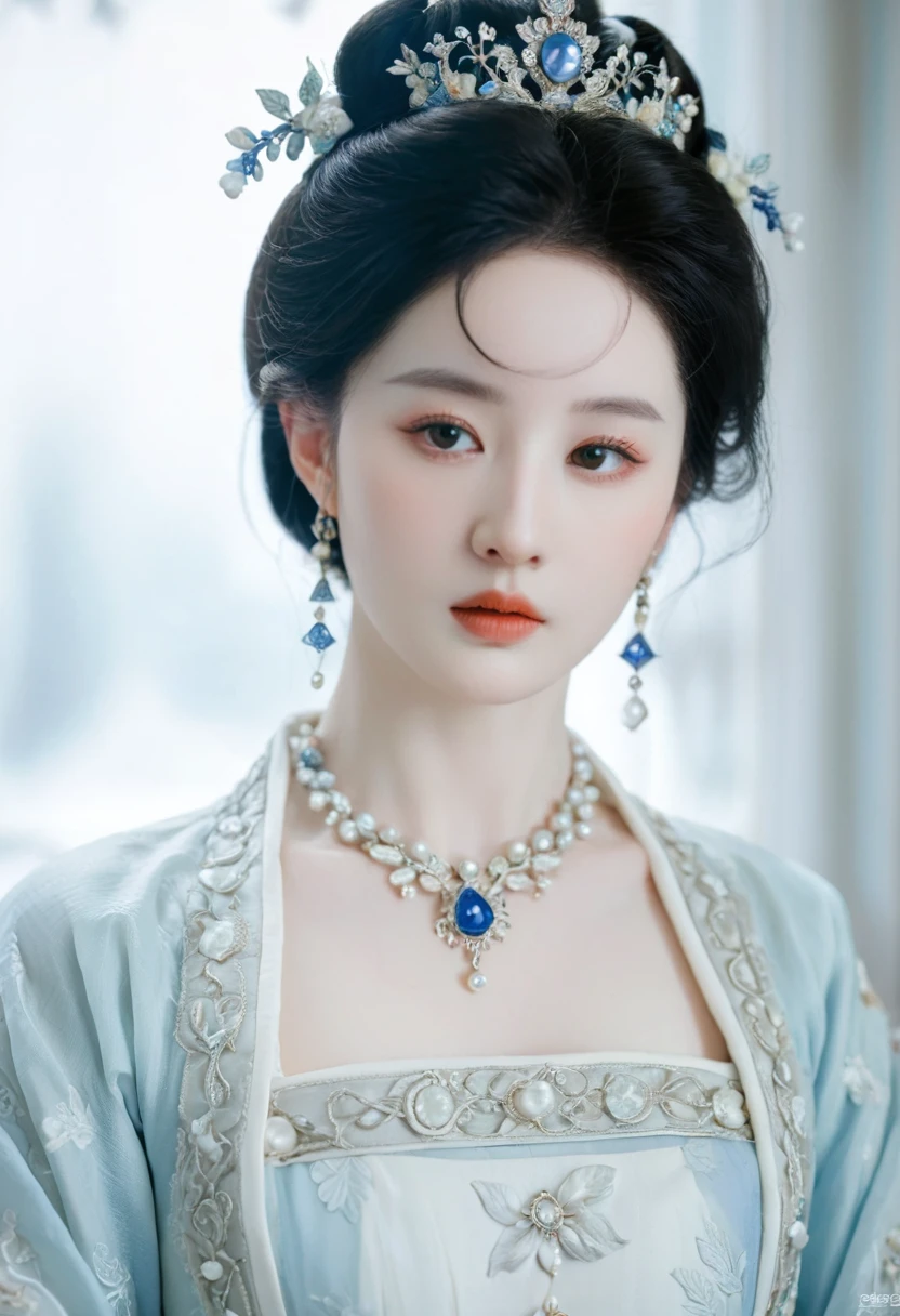 a close up of a woman wearing a blue dress and a necklace, rococo queen, pale porcelain white skin, porcelain pale skin, a beautiful fantasy empress, pale snow white skin, porcelain white skin, palace , a girl in hanfu, ((a beautiful fantasy empress)), ball jointed doll, pale milky white porcelain skin, # rococo