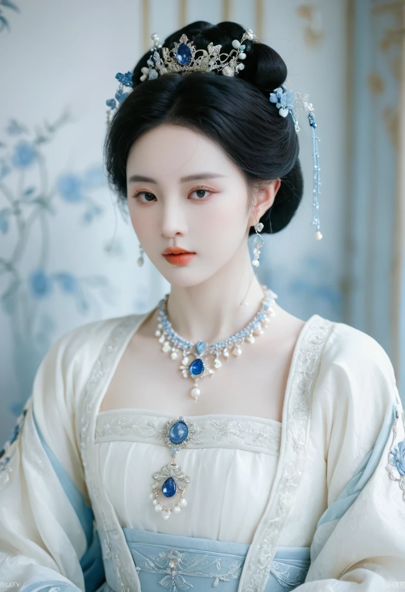 a close up of a woman wearing a blue dress and a necklace, rococo queen, pale porcelain white skin, porcelain pale skin, a beautiful fantasy empress, pale snow white skin, porcelain white skin, palace , a girl in hanfu, ((a beautiful fantasy empress)), ball jointed doll, pale milky white porcelain skin, # rococo