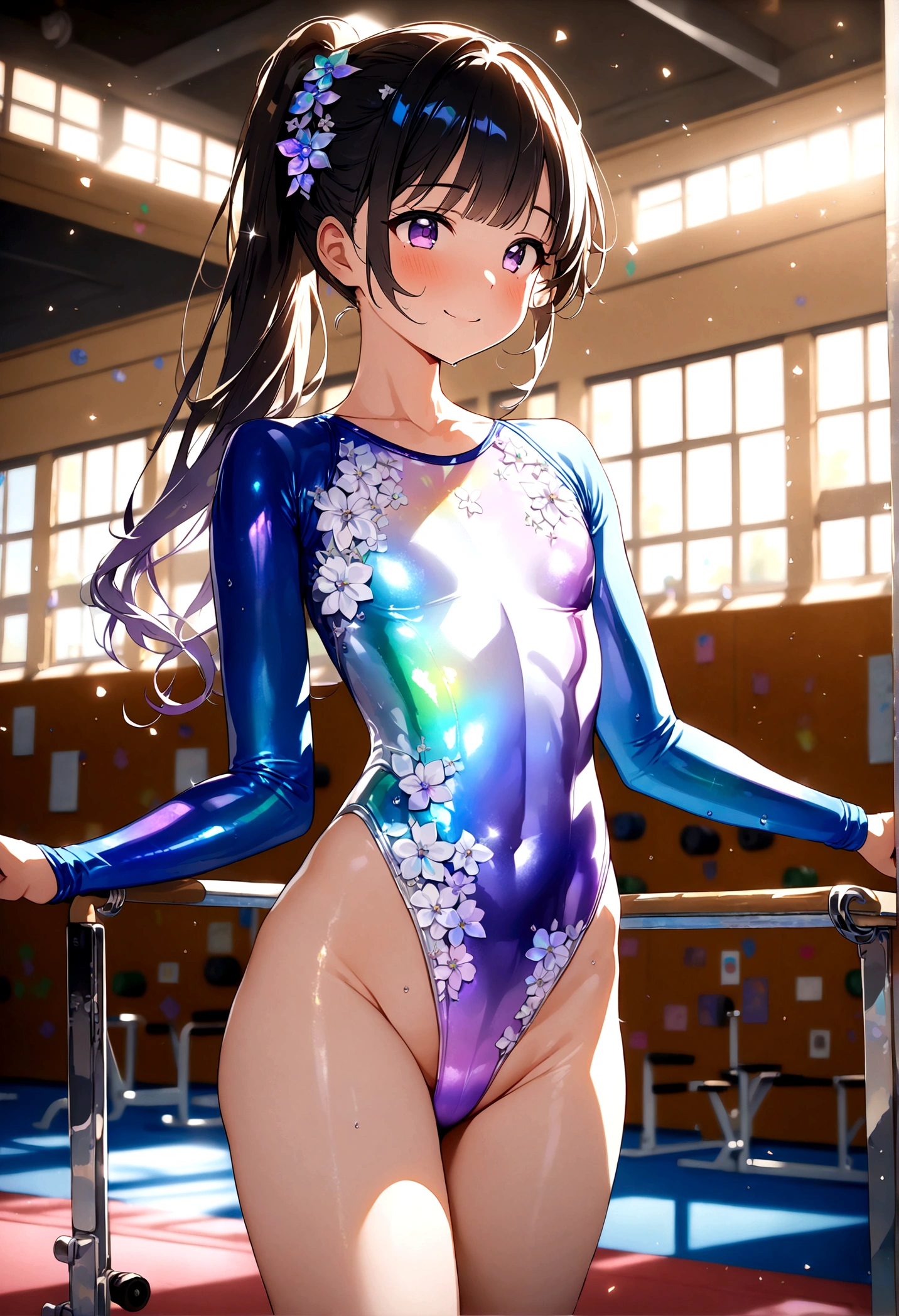 highquality illustration, masterpiece, very delicate and beautiful, attractive girl,(gymnastics leotard, Floral patterns leotard,long sleeve leotard with glittery decoration,high_leg leotard,athletic leotard,tight-fit leotard,iridescent gradient leotard),thin,slender body,slim,high school,gymnasium background,gymnastics club,gymnastics athlete,princess, beautiful eyes,light smile,(masterpiece, best quality:1.2), highres, extremely detailed CG unity 8k wallpaper, perfect lighting, Colourful, ultra-high res,4K,ultra-detailed, photography, 8K, HDR, 17 ages, 