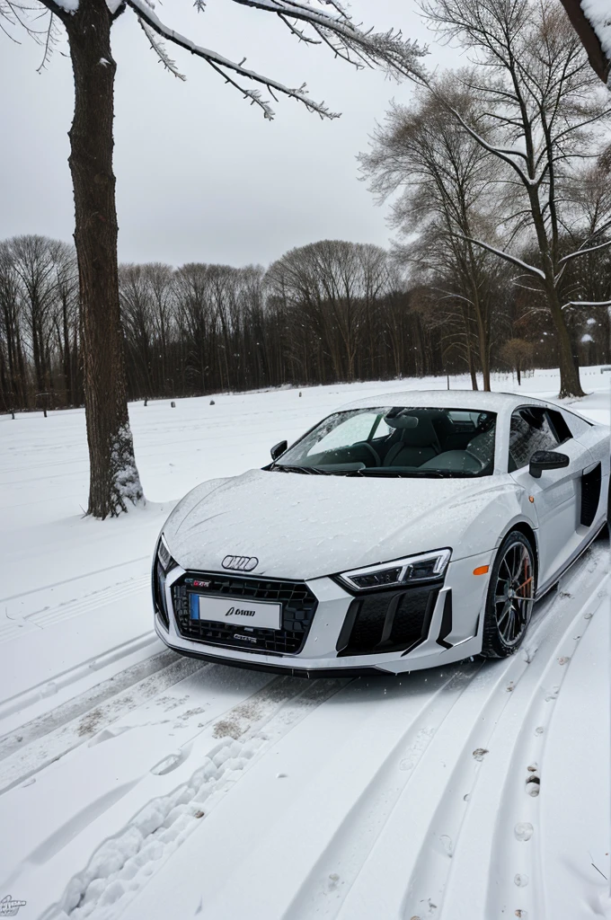 Audi R8 park at snowy road, snow on car , snow on tree 