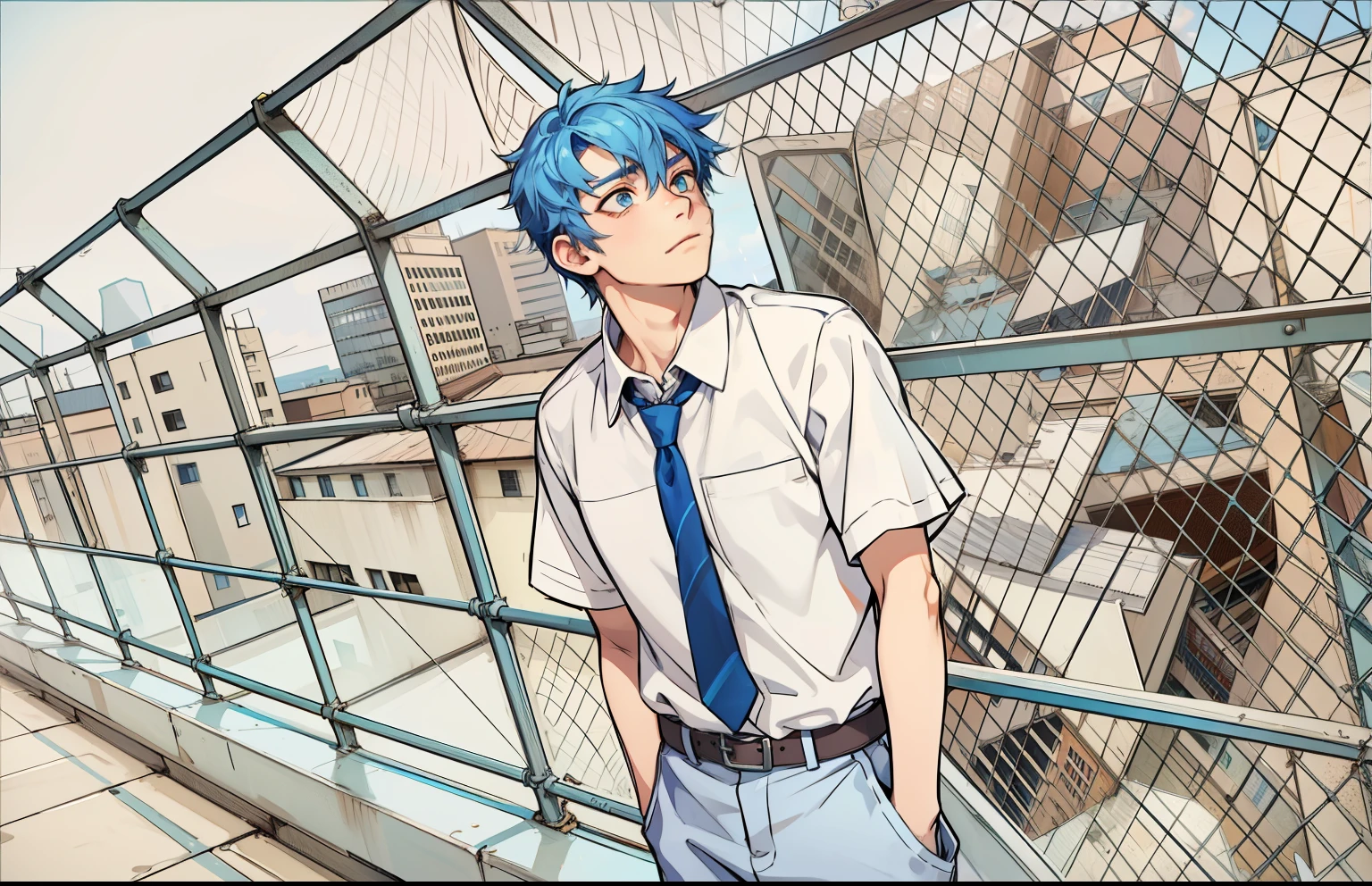 There is a 16-year-old boy with blue hair, blue eyes, on top of a school building, he is thoughtful, somewhat sad, looking at the city.