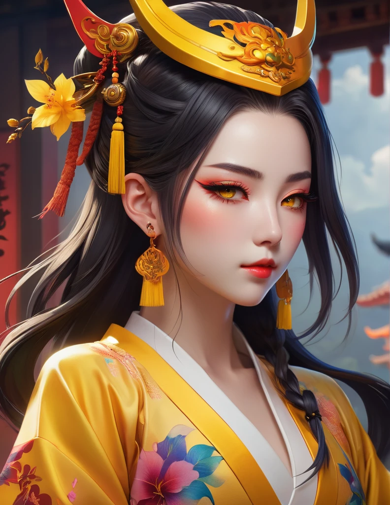 quality(8k wallpaper of extremely detailed CG unit, masterpiece, hight resolution, top-quality, top-quality real texture skin,hyper realisitic, digitial painting,increase the resolution,RAW photos,best qualtiy,highly detailed,the wallpaper),BREAK,8K, onmyoji-style art, full face, from profile, rainbow color gradient , yellow dress, yellow eyes, simbol tattoos