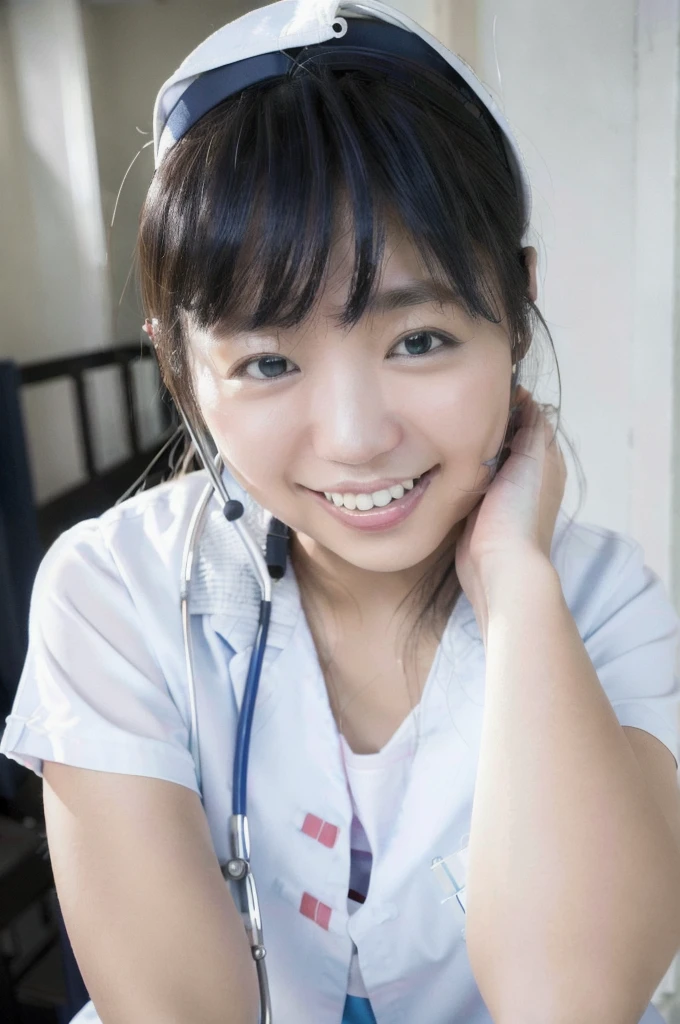 (a picture of Yuno Ohara, nurse, smile, infirmary, posing:1.3), (detailed lighting, extremely detailed skin, extremely detailed hair, shadows, 8k), looking at viewer, (High Key Lighting), masterpiece, top quality, best quality, official art, unity 8k wallpaper, highres, ultra-high res, ultra-detailed, beautiful and aesthetic