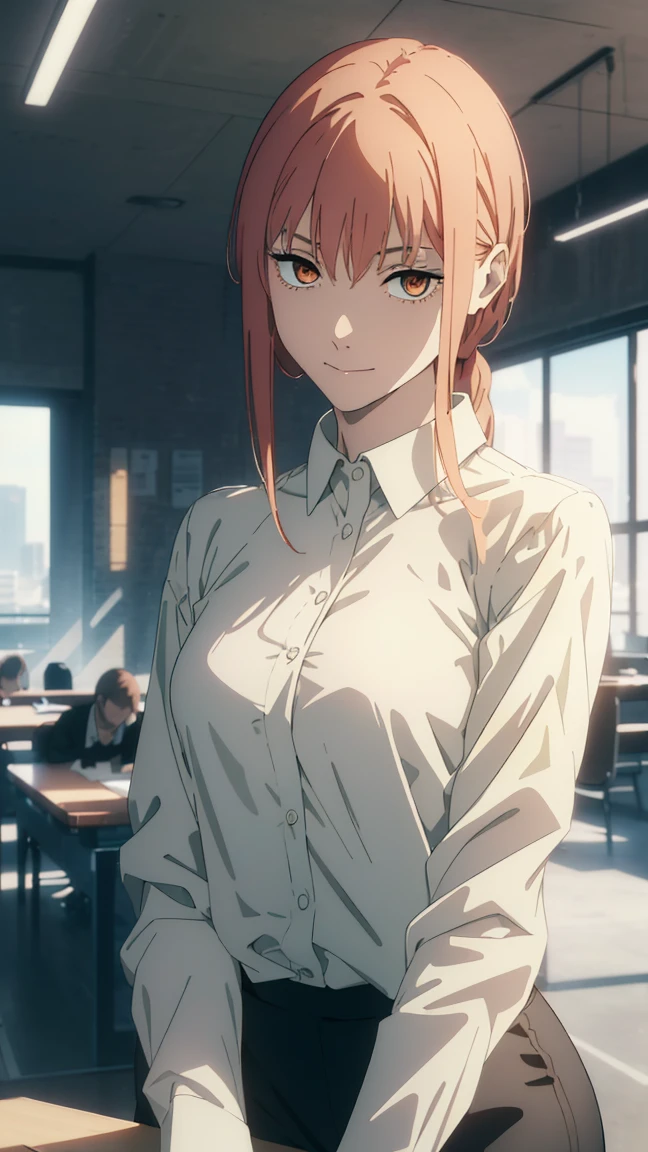 masterpiece,best quality, official art, extremely detailed CG unity 8k wallpaper, ((top quality, 8k, masterpiece: 1.3, ultra hd, high quality, best quality, high definition, ((realism)), sharp focus: 1.5,(Very detailed CG unity 8K wallpaper), Dark Cinematic Lighting, cinematic lighting, makima \(Chainsaw Man\), medium breasts, Slim and skinny body, slim waist, Wearing a white shirt, They are smilinal:1.2 ), Looking at the viewer, office background, The best quality,