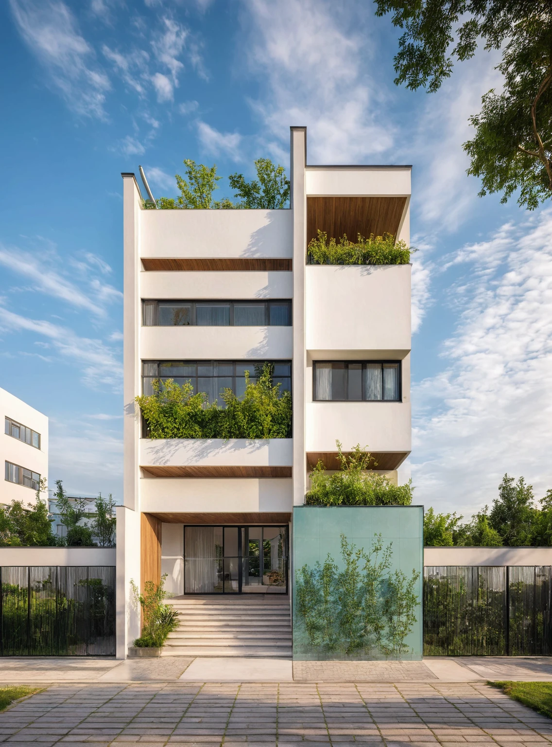 Masterpiece, high quality, best quality, authentic, super detail, outdoors, house style modern, bietthuhn, white wall, glass windows, gate road, pavement, grass, trees, Beautiful_sky, SUNSET, (day:1.1), realistic lighting