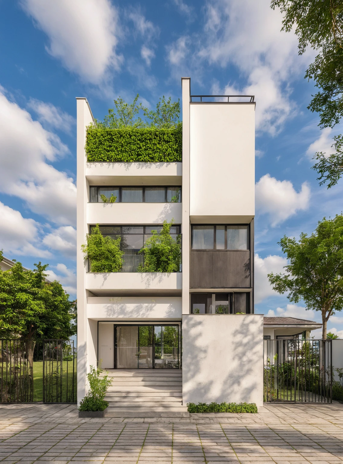 Masterpiece, high quality, best quality, authentic, super detail, outdoors, house style modern, bietthuhn, white wall, glass windows, gate road, pavement, grass, trees, Beautiful_sky, SUNSET, (day:1.1), realistic lighting