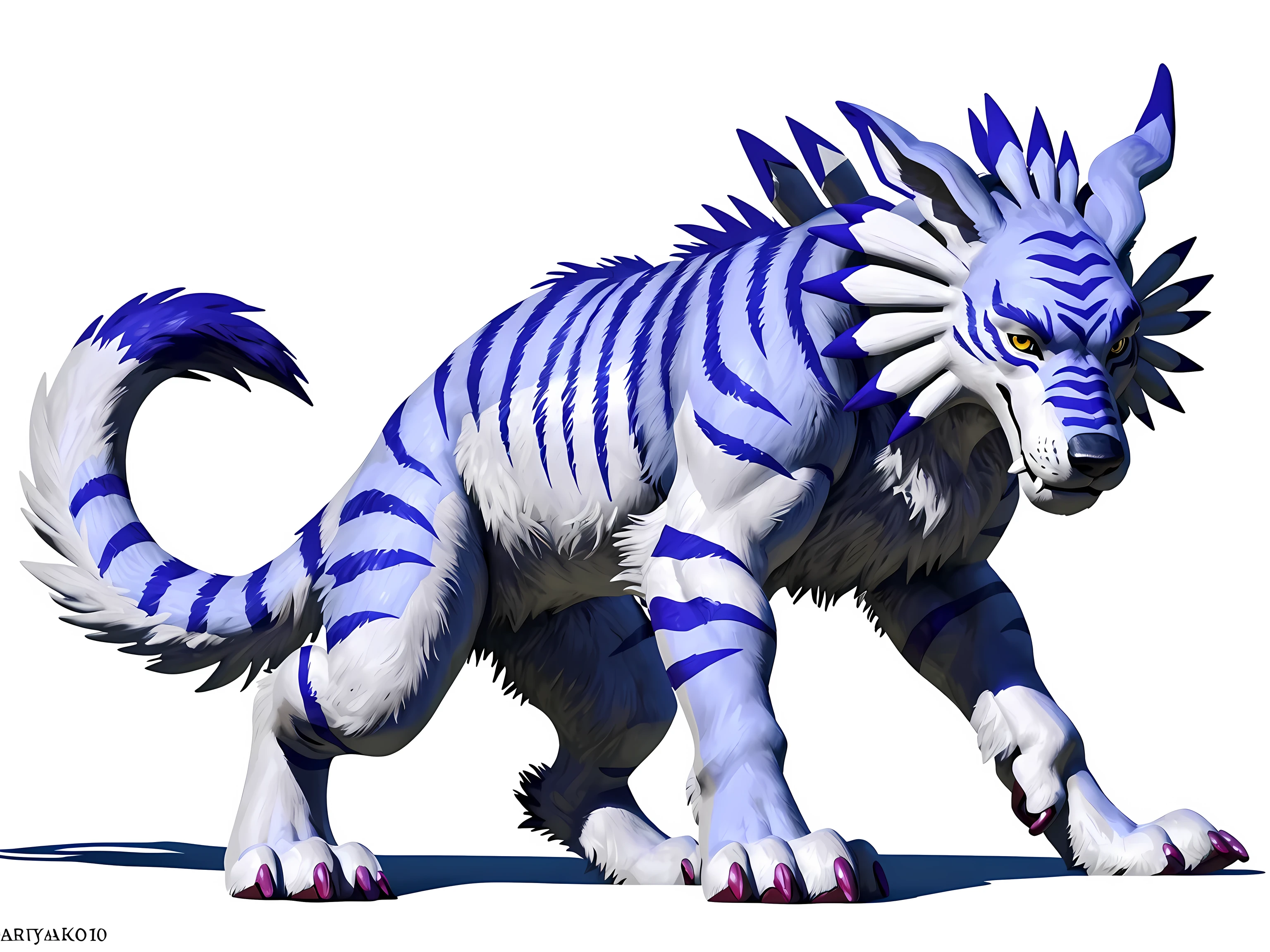 Garurumon, full body, feral:1.1, quadruped, fangs, high quality, best resolution, yellow eyes, big eyes:1.1, detailed eyes, purple claws, big paws, no background, white background, big paws, wolf tail, by virtyalfobo, by taran fiddler, by marjani, 3d, cgi render, realistic fur, realistic lighting, correct lighting, correct shadows, correct proportions, correct anatomy, masterpiece,