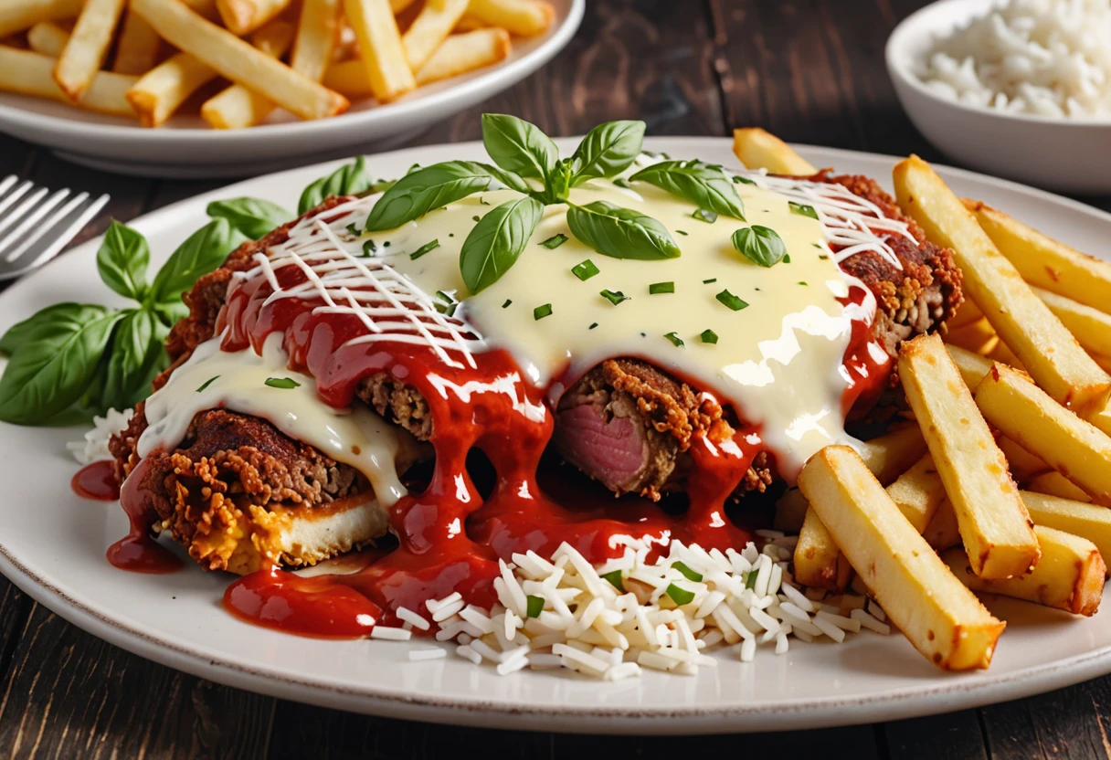 A 4K image of a plate of crispy steak parmigiana, is perfectly prepared, covered with a generous layer of melted cheese, and accompanied by white rice and French fries.