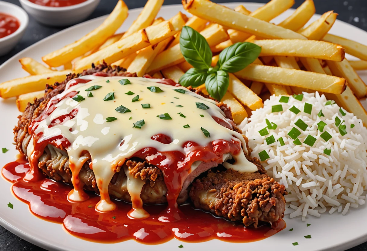 A 4K image of a plate of crispy steak parmigiana, is perfectly prepared, covered with a generous layer of melted cheese, and accompanied by white rice and French fries.