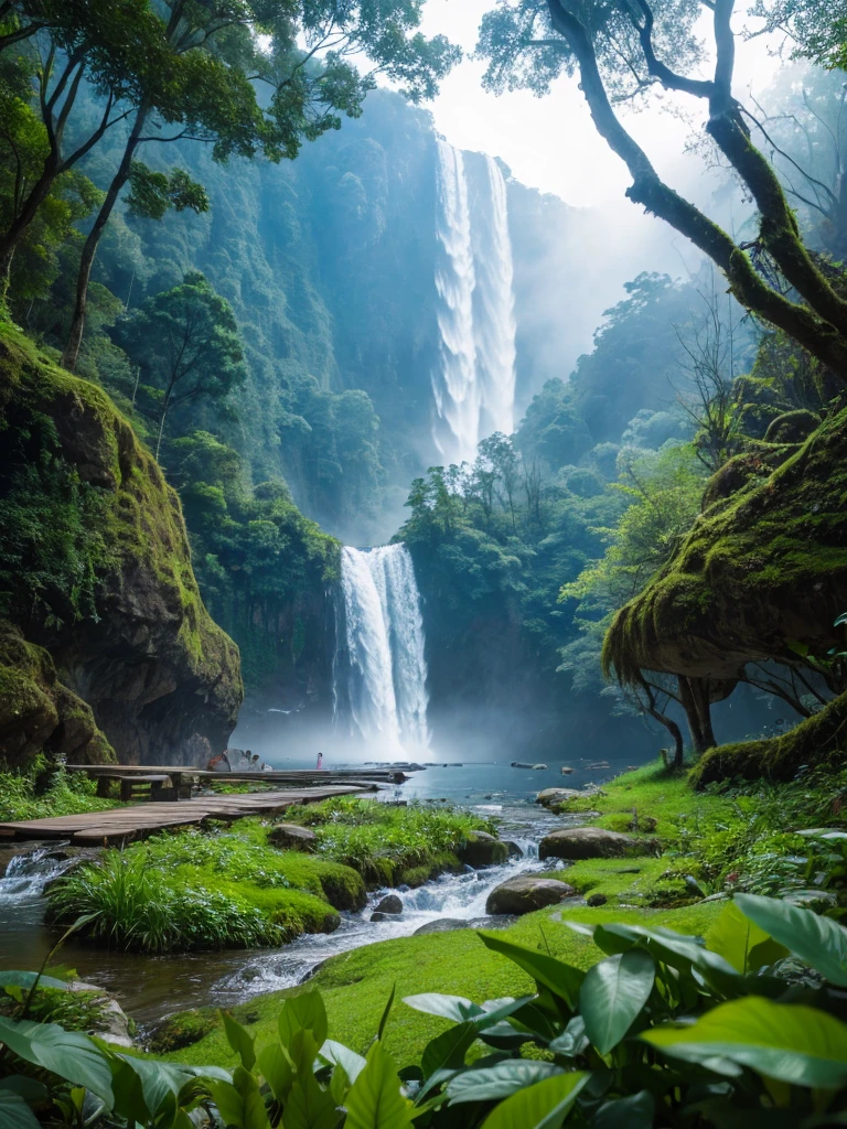 (masterpiece, 最high quality, high quality, High resolution:1.4), detailed, Extremely detailed, Soft indirect lighting, 4K,Blurred, Blurred Background, Depth of written boundary, Bokeh, Depth of written boundary, fog, bloom, Outdoor, (nature, Tropical forests:1.2), (rock:1.2), Mountain, plant, waterfall,