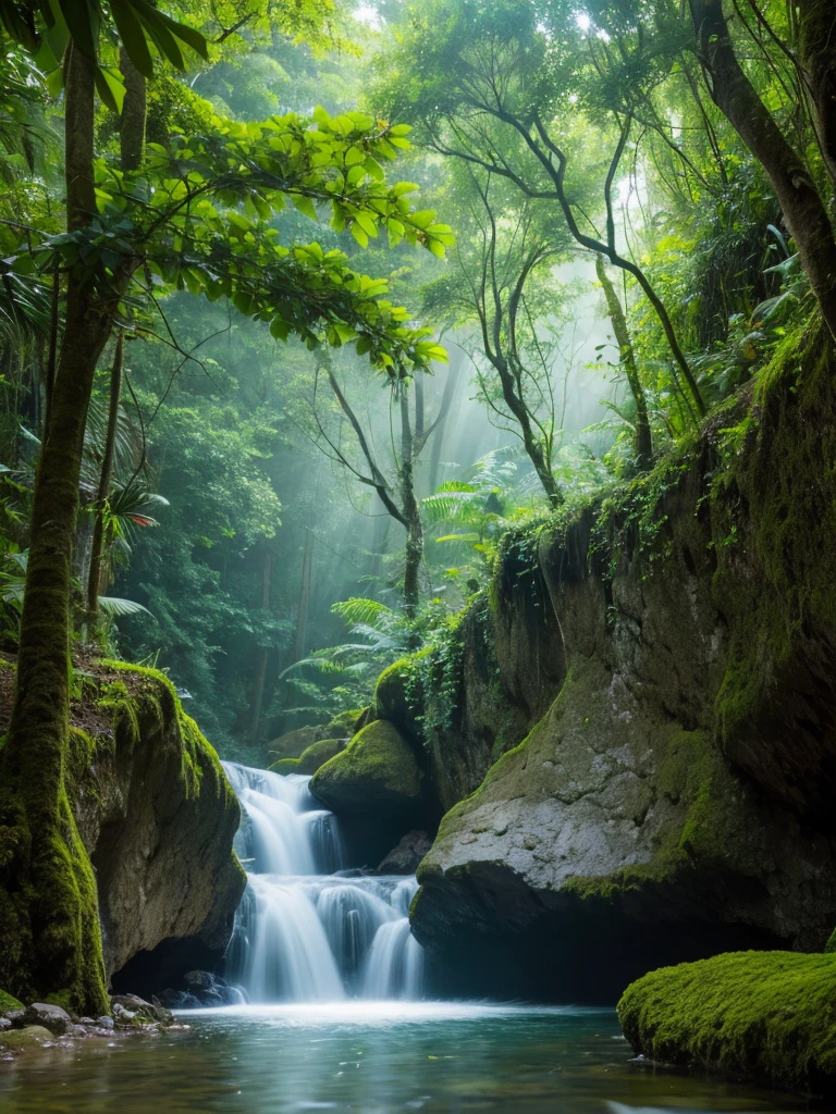 (masterpiece, 最high quality, high quality, High resolution:1.4), detailed, Extremely detailed, Soft indirect lighting, 4K,Blurred, Blurred Background, Depth of written boundary, Bokeh, Depth of written boundary, fog, bloom, Outdoor, (nature, Tropical forests:1.2), (rock:1.2), Mountain, plant, waterfall,