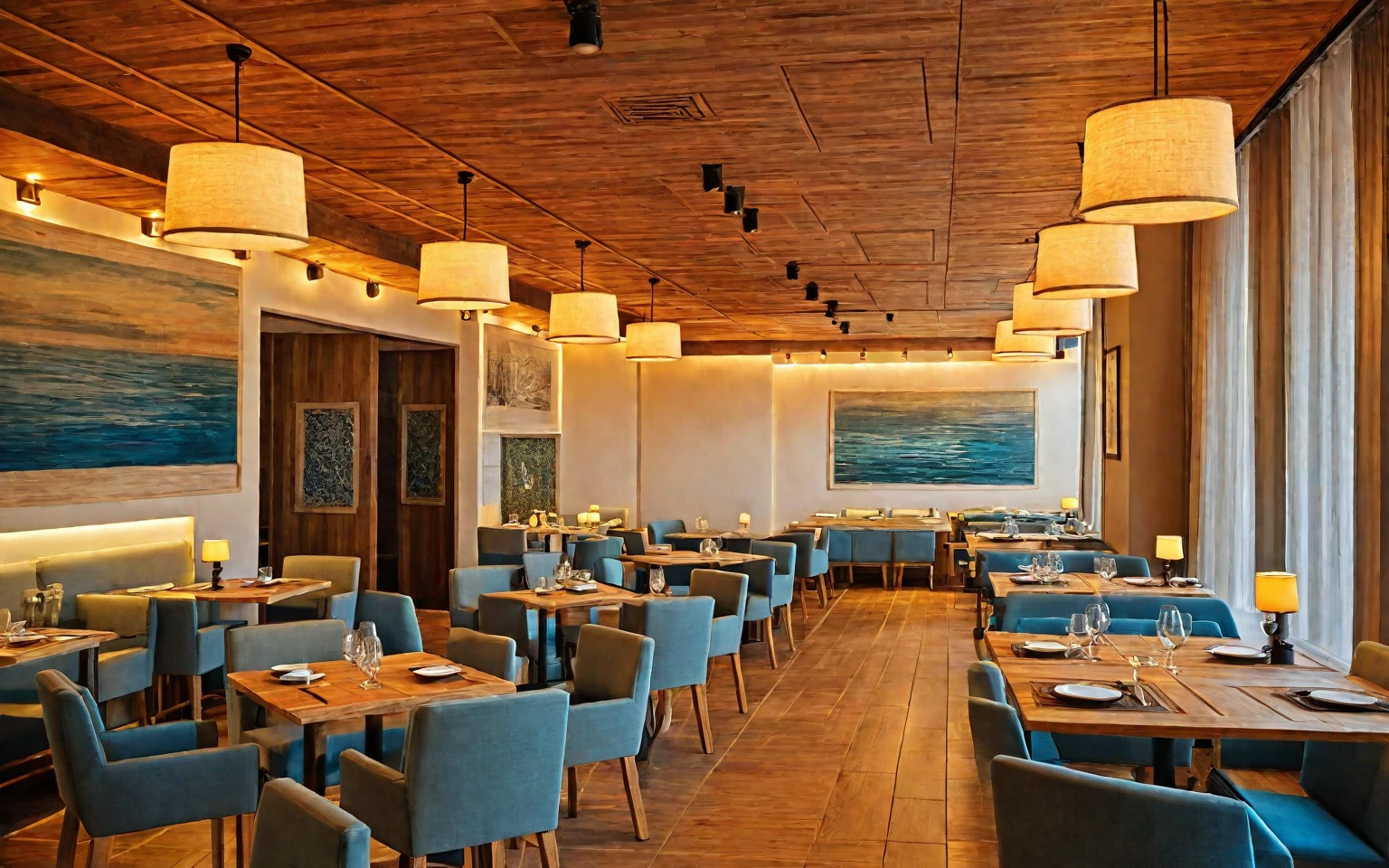 "Restaurant, Mediterranean style, wooden furniture,
bare wood, contemporary hanging lights, beautiful lighting, sunset ambiance."