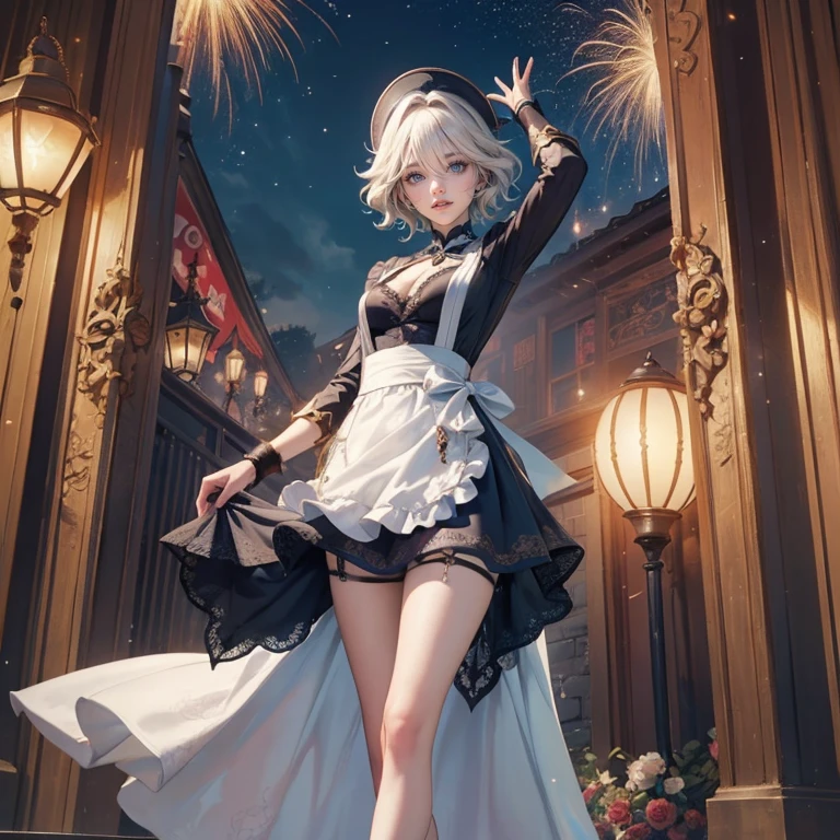 1girl, white roses, ornament hair, white roses on her hair, perfectly body, perfectly hands, white hair, blue hair, wave hair, short hair, ornament hair, long hair, garden scenery, shrine, chinese lantern, Looking at the viewer, flowing hair, Beautiful Eyes, Plump and glossy lips, firefly in the air, maid, maid dress, maid headdress, maid apron, white dress with too many frills, black dress, blue laces, white Short skirt, Drape clothes, blue gem, Lace trim, chinese festival, festival with fireworks, gold details, garden, gold jewelry, more details, best quality, night, Big sparkling eyes, blushing, white Striped Lace Stockings, blue Lolita skirt, sparkle, solo, centered girl, chinese temple, cowboy shot, perfectly body, perfectly hands, fireflies in the air, two arms, two legs, two hands, five fingers, perfect anatomy, glowing hair, white roses, maid, maid dress, dress, solo, flowing hair, floating hair, ornament hair, perfectly body, perfectly hands, on the temple, sparkles, more details on her clothes, white dress with transparency, golden details on her dress, night, shrine, ((4k, masterpiece, top-quality)), 8k, best quality, high resolution, UHD, (illustration:0.8), super cute girl, delicate and beautiful face, mature girl, super cute hairstyle, (beautiful detailed eyes:1.6), extremely detailed face, perfect lighting, extremely detailed CG, (perfect hands, perfect anatomy), Best quality, cleavage, small skirt, full Body, two arms, two legs, two hands, five fingers