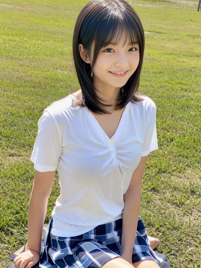 8K,masterpiece,Japanese,14-year-old girl,from the front,smile,cute,Innocent face,Innocent,Kind eyes,Childish,Plain T-shirt,Short sleeve,Blue checked short skirt,semi-long,Hair blowing in the wind,Black Hair,Somewhat strong wind,noon,bright,Sitting、M-shaped feet, (Large Breasts),(Emphasize the chest)