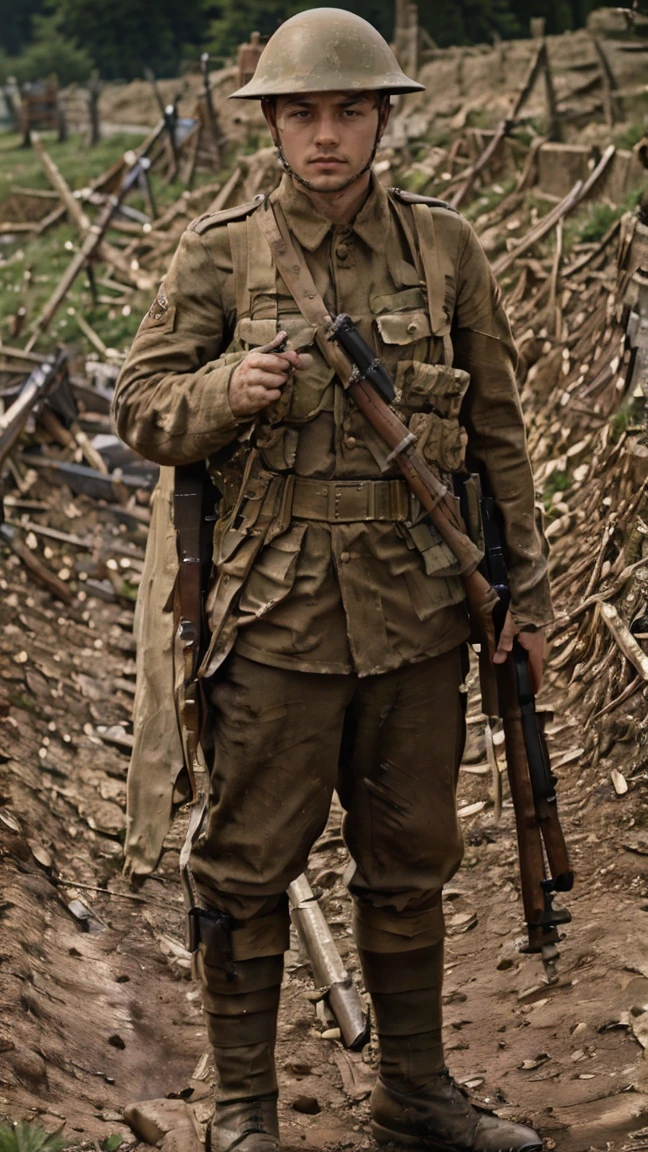 (masterpiece), best quality, expressive eyes, perfect face, All quiet on western Front, man, trenches, dirty, uniform, realistic, HD, Rifle