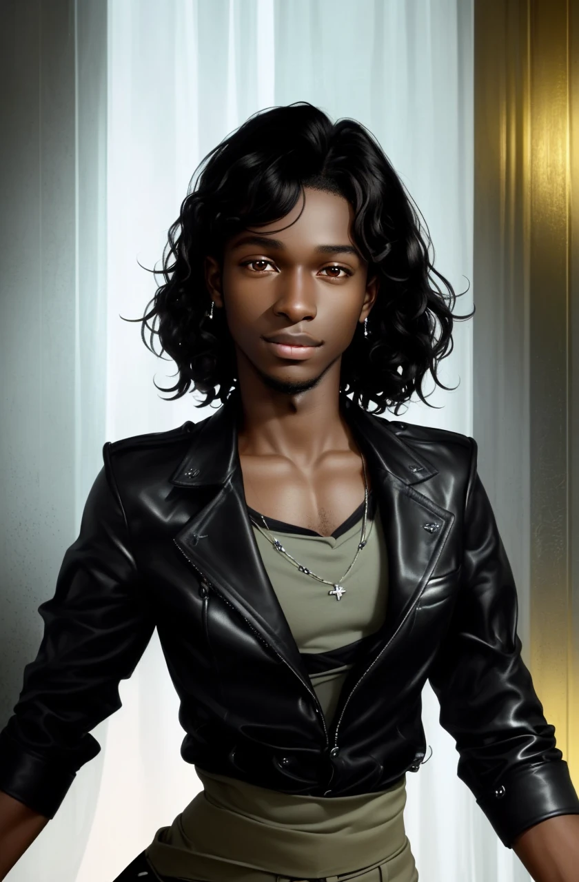 jeune homme noir, Very realistic face, cihgano, beautiful curly hair, de face, peau noire, dark skinned, very beautiful, ((peau noire)), Jeune homme, 16 ans, Young man black three beau, souriant, joyeux, ((peau noire)), dark skinned, (brown eyes), vêtu d&#39;un t-shirt black, looking directly at the camera, fond clair, Soft Light, details of the cheveux bouclés well defined, ambiance photographique, couleurs vives. Medium: Realistic painting, best quality, ultra-detailed, sharp focus, physically-based rendering, professional, vivid colors.
