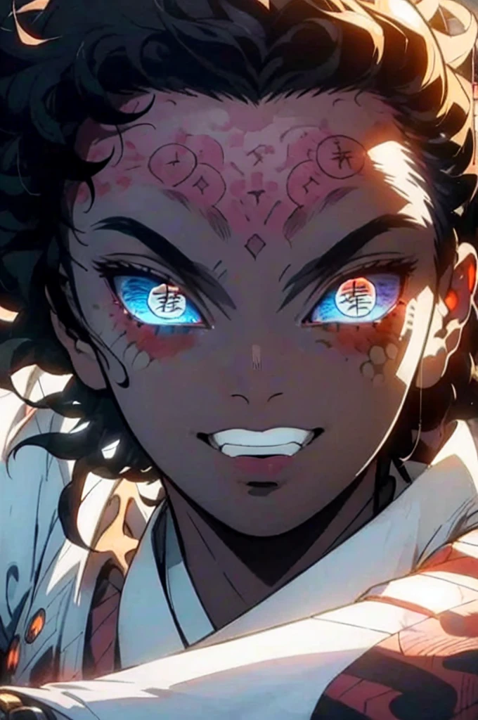 Realistic, (masterpiece, top quality, best quality, official art), very detailed, most detailed, long golden hair, (glowing blue eyes), white skin, like a vampire, mysterious, (magic), sexy man, demon, blood, oni, Kimetsu no Yaiba, eyes with upper moon number, anime Demon Slayer, japonese, red kimono, evil expression, blood power 