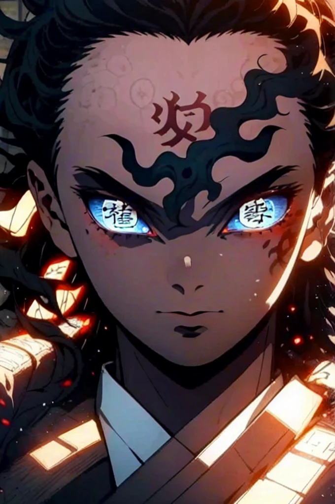 Realistic, (masterpiece, top quality, best quality, official art), very detailed, most detailed, long golden hair, (glowing blue eyes), white skin, like a vampire, mysterious, (magic), sexy man, demon, blood, oni, Kimetsu no Yaiba, eyes with upper moon number, anime Demon Slayer, japonese, red kimono, evil expression, blood power 