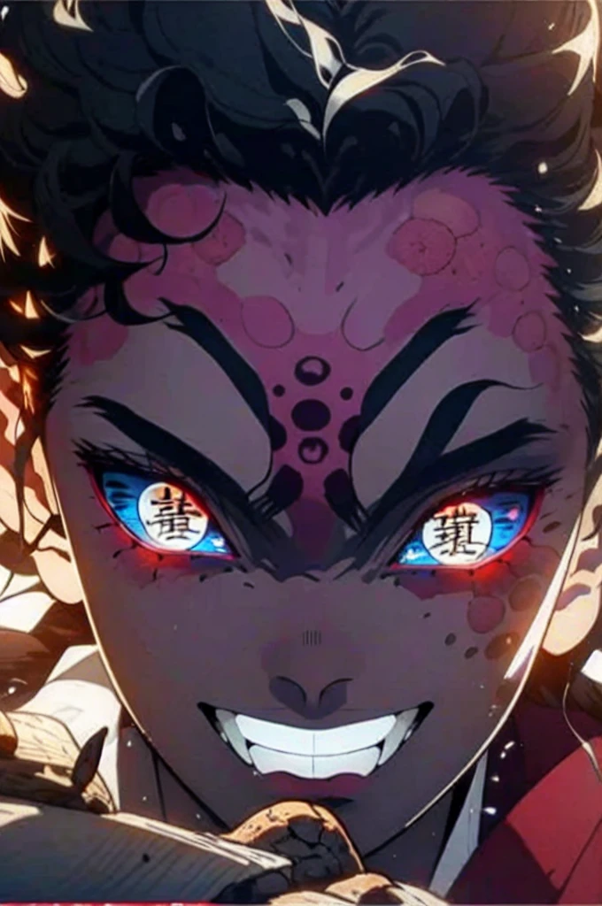 Realistic, (masterpiece, top quality, best quality, official art), very detailed, most detailed, long golden hair, (glowing blue eyes), white skin, like a vampire, mysterious, (magic), sexy man, demon, blood, oni, Kimetsu no Yaiba, eyes with upper moon number, anime Demon Slayer, japonese, red kimono, evil expression, blood power 