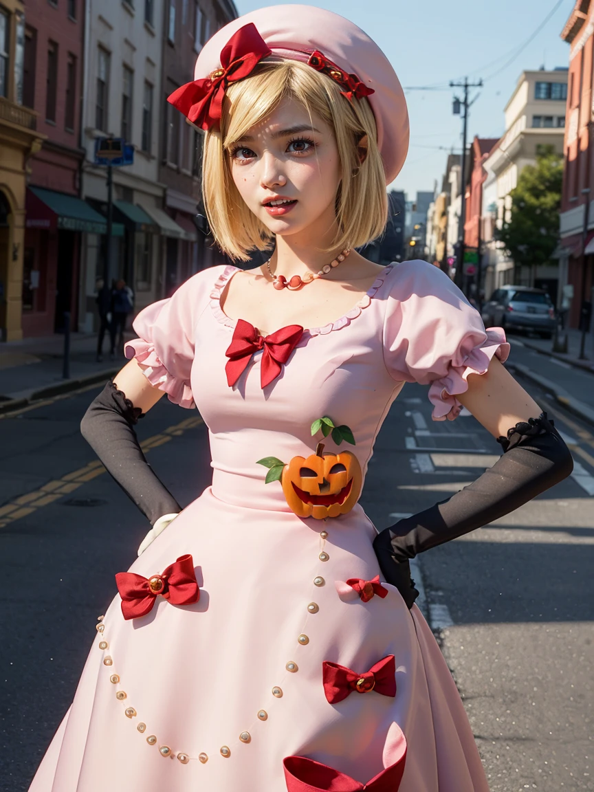 (1 lady), The beautiful, (Best quality at best:1.4), (ultra - detailed), (extremely detailed CG unified 16k), gold blonde hair, very detailed, High-definition RAW color photo, professional photoshooting, amazing face and scarlet red eyes, cosmetics, (amazingly beautiful girl), ((lambdadelta, tall adult woman, taller)), ((dress, red bow, pink hat, necklace, gloves, pearl, pink dress)), standing, realistic cinematic face, photo portrait, upper body (shoulders to head), photorealistic, ((realistic natural blonde hair style, scarlet red eyes)), gorgeous, extremely beautiful face, perfect model beauty, pout mouth, flirting smile, cleavages, city girl, western, (masterpiece), best quality, high resolution, extremely detailed, blurred background, depth of field, cinematic lighting, clear and well-cared skin, jack-o'-lantern on dress, standing outside in Philadelphia,