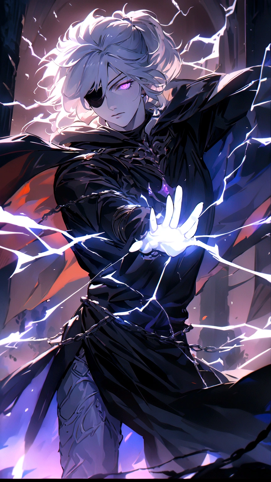 Anime character, a man, medieval era. Young man, 20 years old, large body, cold gaze, cold expression, white skin, short and messy gray hair, ponytail, left eye patch, black clothes, black shirt, dark cape with hood, several chains. frontal camera. Walking under the red moonlight. White electricity emanating from his body, black electricity emanating from his left hand. Iris of the right eye glowing white. Thunderous white lightning. (best quality, 4k, 8k, high resolution, masterpiece: 1.2), vibrant and ultra-detailed colors, chiaroscuro lighting, dramatic pose, intricate details, fantasy, mystical, powerful