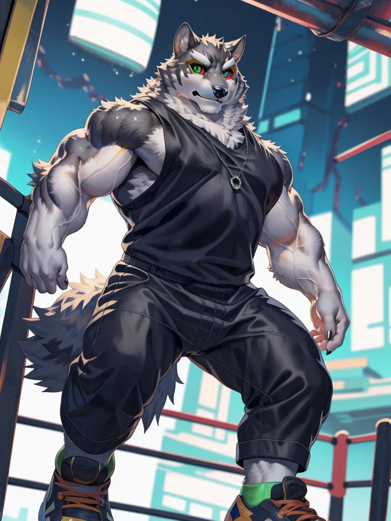 solo, anthro, furry, furry male, monomasa,((fluffy fur,fluffy,furry body)), (monomasa print), muscular male, big, abs, chest, pectorals, black pupils, green eyes, red sclera, tail, detailed fluffy fur, detailed face, detailed eyes, necklace, black tank top, black and white fur, black pants, sneakers, (yellow eyeshadow:0.8), cyberpunk fighting ring, (by null-ghost,by raccoon21, masterpiece, high quality, hi-res, 8k, hd), 