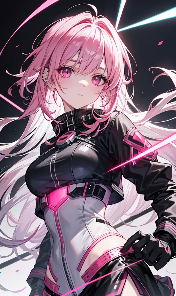 (masterpiece))), (ultra-detailed, top quality, high resolution, 8k wallpapers, beautiful clothes,)), whole body (one girl) (pink hair, long hair, straight hair, both sides up)) (green eyes)), eyeshadow, eyeliner, glowing eyes, ultra-detailed eyes, complex eyes, beautiful eyes, (glowing pink pupils)) 18-year-old girl. Wearing a transparent jacket made of PVC material. Smiling face. Small breasts (black background) cute pose