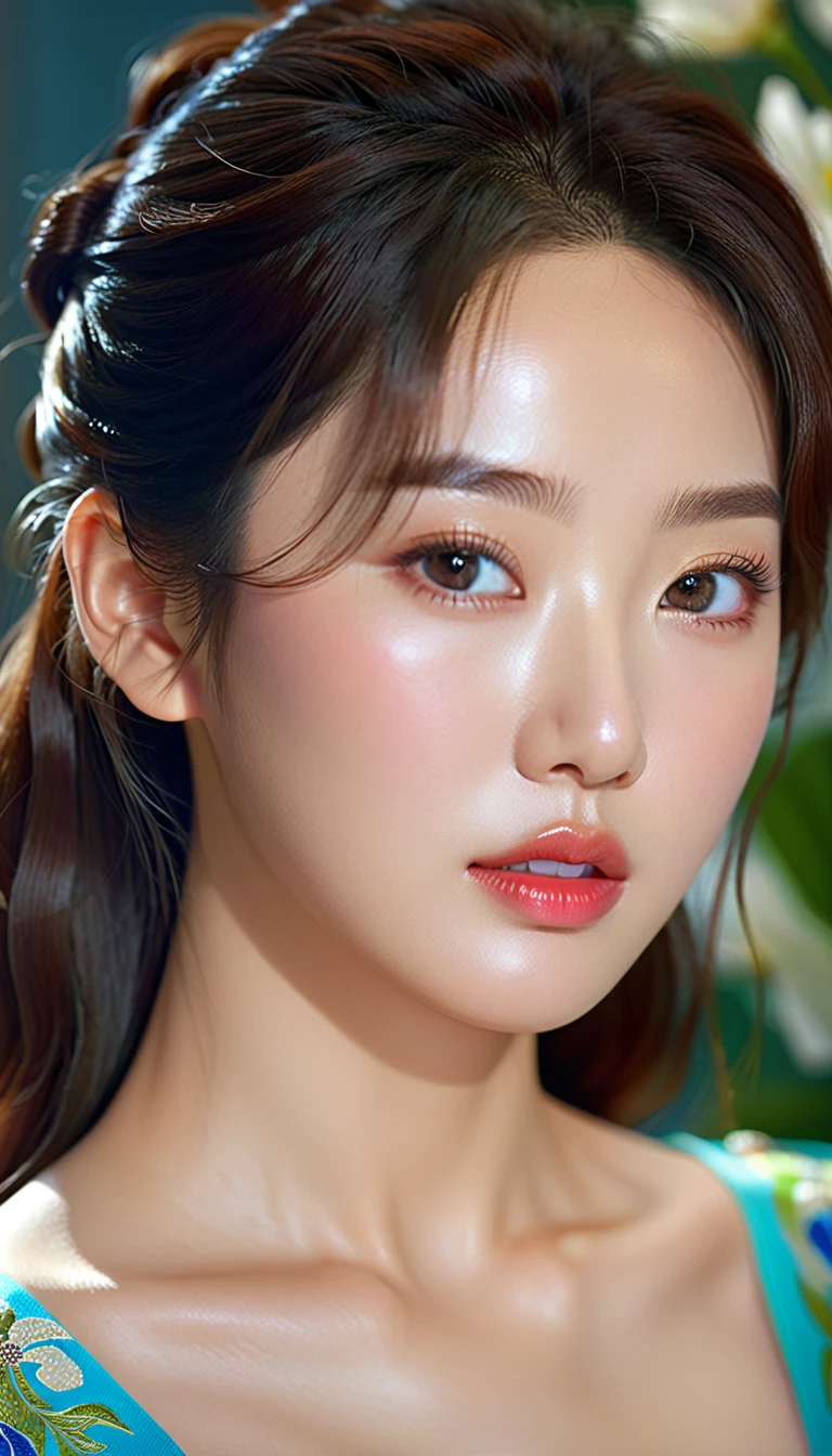 a beautiful korean idol, detailed realistic portrait, flawless skin, mesmerizing eyes, lush lips, elegant hairstyle, gorgeous facial features, natural lighting, photorealistic, cinematic composition, vibrant colors, sharp details, 8k, high resolution, masterpiece, award-winning digital art