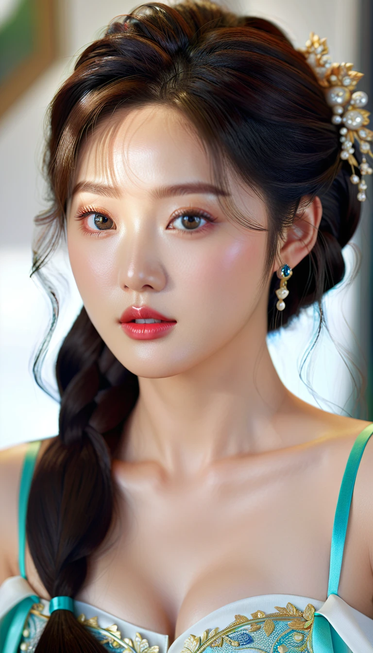 a beautiful korean idol, detailed realistic portrait, flawless skin, mesmerizing eyes, lush lips, elegant hairstyle, gorgeous facial features, natural lighting, photorealistic, cinematic composition, vibrant colors, sharp details, 8k, high resolution, masterpiece, award-winning digital art