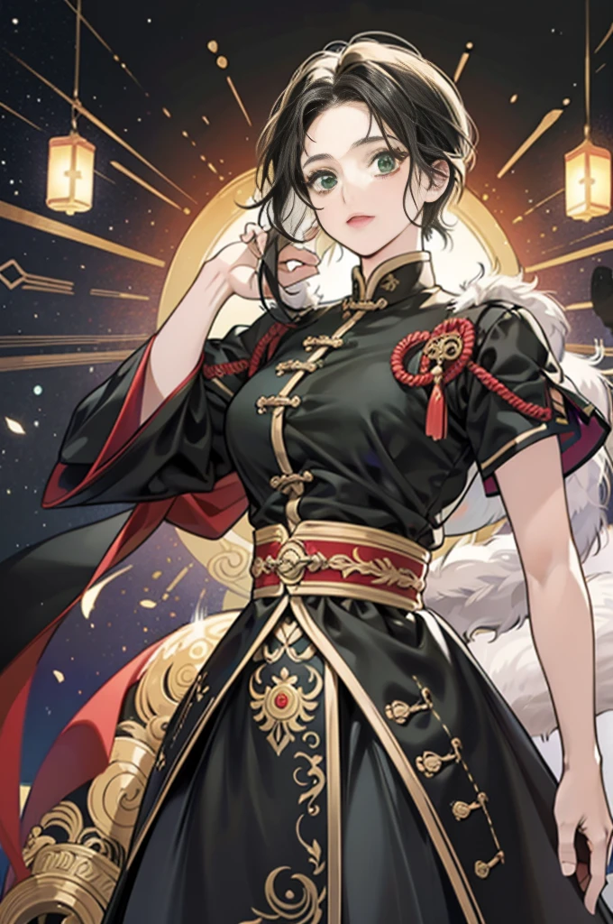 Masterpiece, Best quality, 1 Female, Mature Woman, Elder Sister, Royal Sister, Cold Face, strong, green eyes, wolfcut short hair, smoky color hair, resolute eyes, simple black Taoist Taoist uniform, black accessories, one shoulderancient, Chinese mix morden, wear hair brooches, frontal photo, full body, blank background, full HD, remove background, anime