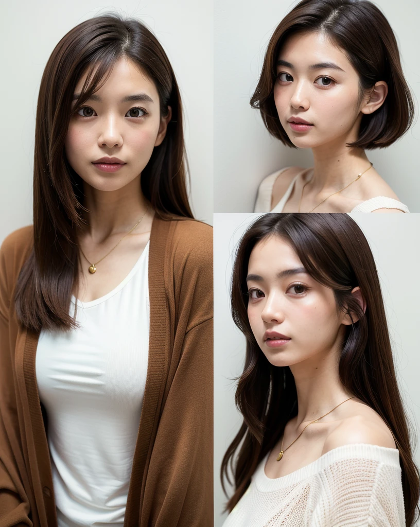 (Highly realistic photos, High resolution, Detailed face, Fine grain), ((Photographed in front of a white wall))、Japanese women, 20-year-old, A variety of expressions, alone:1, Slim figure, Various hairstyles, Casual clothing, 写真の中でalone、Selfie、Photographed in natural light、Simple Necklace、Spring Clothes、Looking at the camera、profile、Dark brown hair color