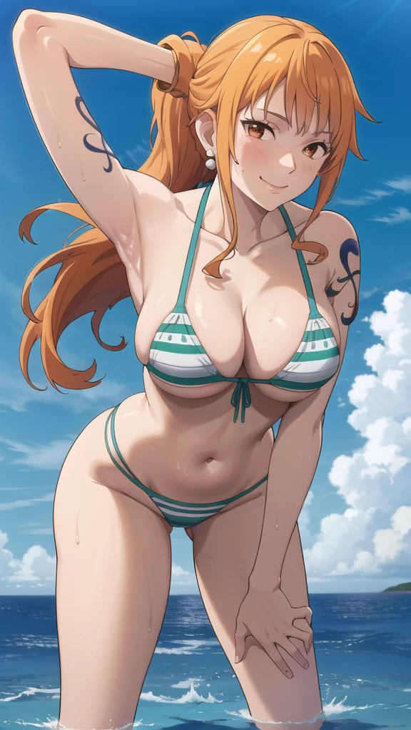 2d, masterpiece, best quality, anime, highly detailed face, highly detailed background, perfect lighting, wano, nami, 1girl, solo, long hair, looking at viewer, blush, smile, large breasts, navel, cleavage, jewelry, closed mouth, collarbone, swimsuit, ponytail, sidelocks, bikini, thighs, earrings, outdoors, sky, day, striped, cloud, armpits, water, stomach, orange hair, arm up, blue sky, wet, orange eyes, tattoo, leaning forward, underboob, ocean, striped bikini, green bikini, shoulder tattoo, hand on own thigh, 