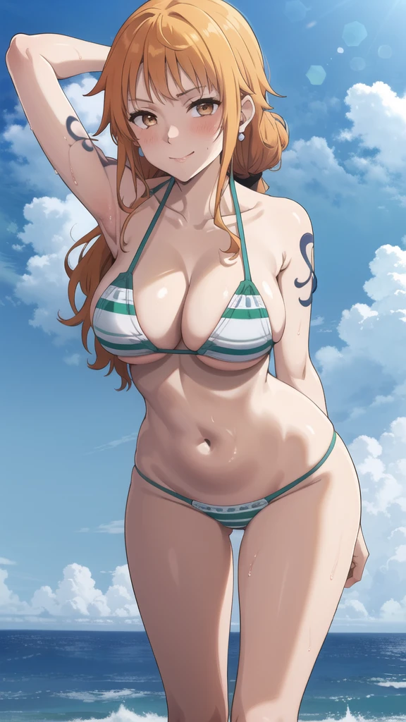 2d, masterpiece, best quality, anime, highly detailed face, highly detailed background, perfect lighting, wano, nami, 1girl, solo, long hair, looking at viewer, blush, smile, large breasts, navel, cleavage, jewelry, closed mouth, collarbone, swimsuit, ponytail, sidelocks, bikini, thighs, earrings, outdoors, sky, day, striped, cloud, armpits, water, stomach, orange hair, arm up, blue sky, wet, orange eyes, tattoo, leaning forward, underboob, ocean, striped bikini, green bikini, shoulder tattoo, hand on own thigh,
