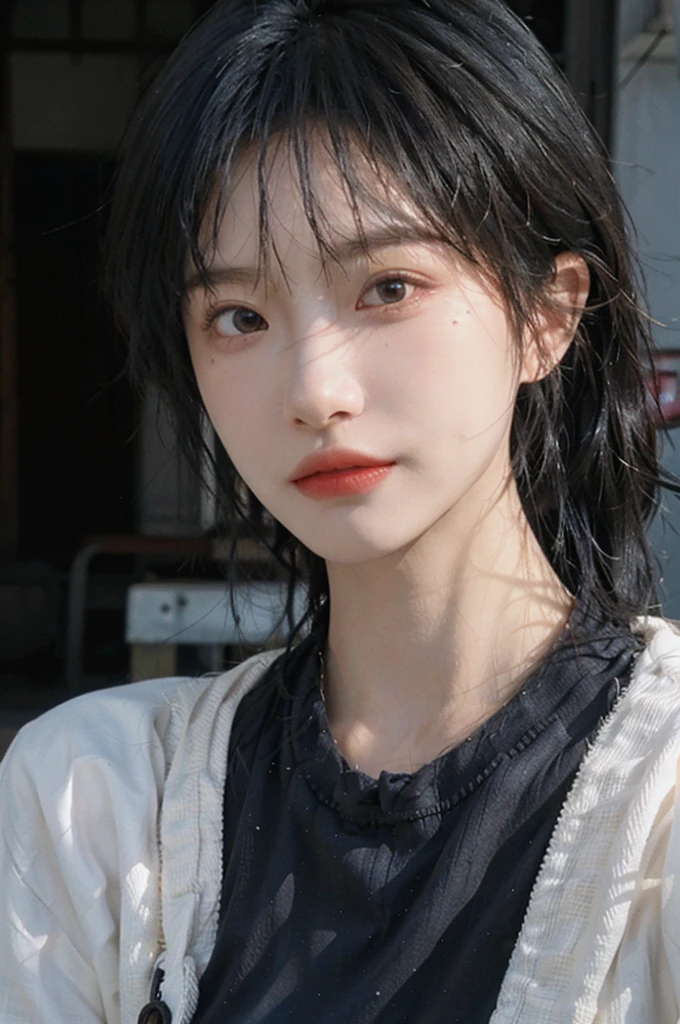 (smooth skin textures:1.3), Lipstick, Upper body，Upper Body，background, earrings, serene, calm, （Dress conservatively：1.6），(Realistic and detailed eyes：1.2）, Natural skin texture, Realistic facial details, Soft dramatic lighting, Vivid details, outdoor, (Photo Practical:1.4), (hyper Practical:1.4), (Practical:1.3), (Improve lighting quality:0.9), (Highest quality real skin textures:1.4), (Enhance the beauty of skin texture:1.1), Hair details, model， short hair, Moles under the eyes, Portrait Photography, Depth of Field, Bokeh, Surrealism, Ray Tracing, (Portrait Photography:1.1), Surrealism, High Detail, Chiaroscuro, Ray Tracing, reflected light, Ultra HD, Ultra HD, masterpiece, Textured Skin, Super Detail, High Detail, high quality, best quality