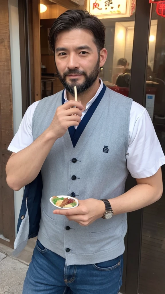 there is a man that is standing up with his hands up, with index finger, inspired by Kanō Tanshin, yasushi nirasawa style, inspired by Eizō Katō, with white kanji insignias, wearing hakama, ninchaku, hiroaki tsutsumi style