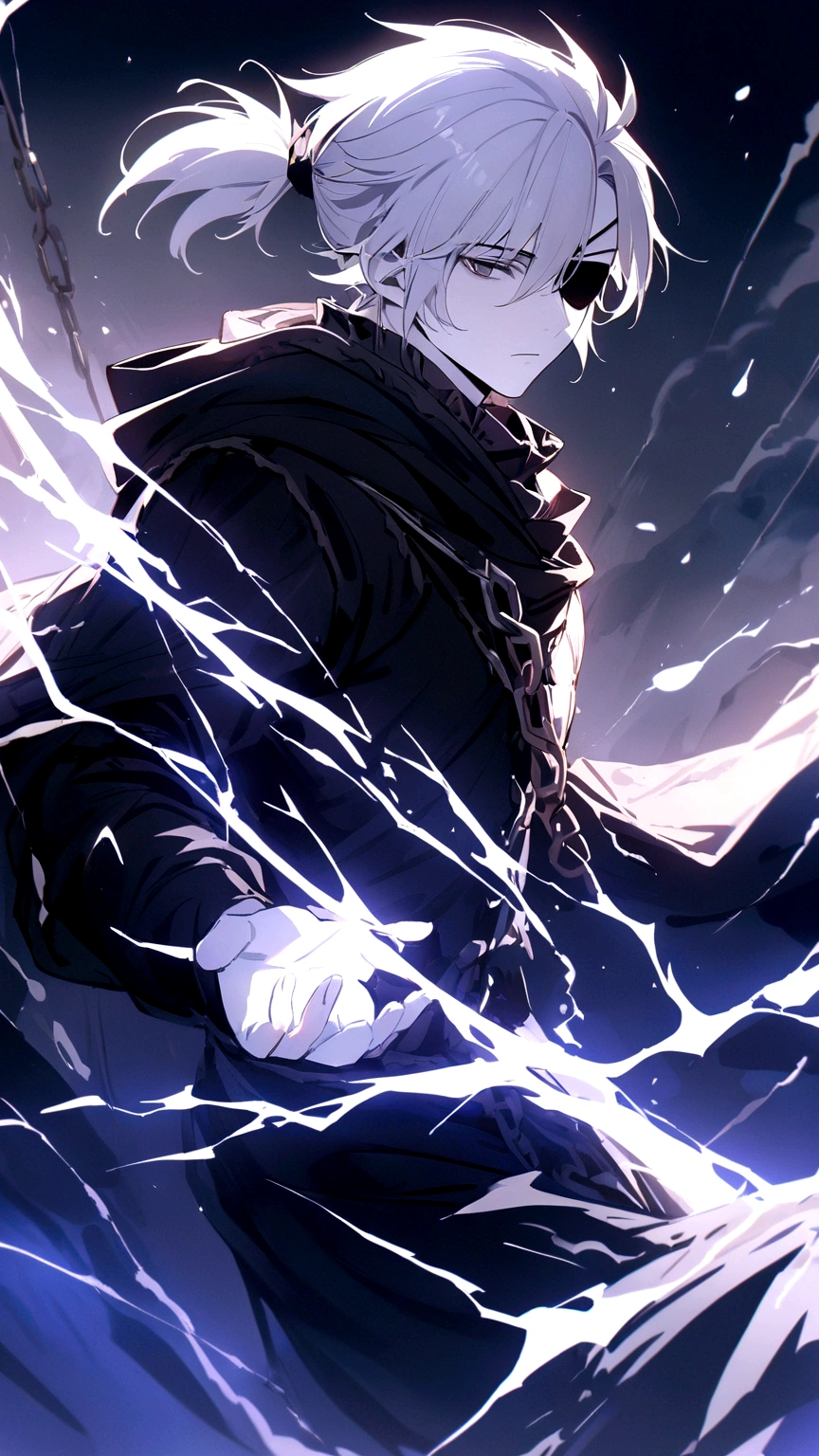 Anime character, a man, medieval era. Young man, 20 years old, large body, cold gaze, cold expression, white skin, short messy gray hair, ponytail, left eye patch, black clothes, black shirt, dark cape with hood, chains. frontal camera. Walking in a sea of ​​blood. Three moons shining high in the sky, purple, red and blue. White electricity emanating from his body, black electricity emanating from his left hand. Right eye shining in a white ray. Thunderous white lightning. (best quality, 4k, 8k, high resolution, masterpiece: 1.2), vibrant, ultra-detailed colors, chiaroscuro lighting, dramatic pose, intricate details, fantasy, mystical, powerful