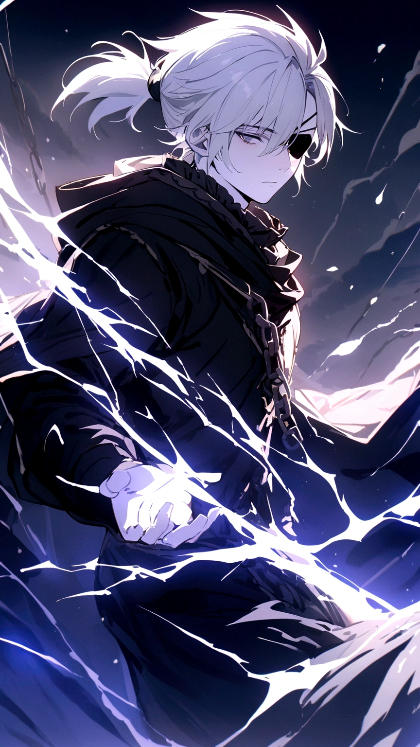 Anime character, a man, medieval era. Young man, 20 years old, large body, cold gaze, cold expression, white skin, short messy gray hair, ponytail, left eye patch, black clothes, black shirt, dark cape with hood, chains. frontal camera. Walking in a sea of blood. Three moons shining high in the sky, purple, red and blue. White electricity emanating from his body, black electricity emanating from his left hand. Right eye shining in a white ray. Thunderous white lightning. (best quality, 4k, 8k, high resolution, masterpiece: 1.2), vibrant, ultra-detailed colors, chiaroscuro lighting, dramatic pose, intricate details, fantasy, mystical, powerful