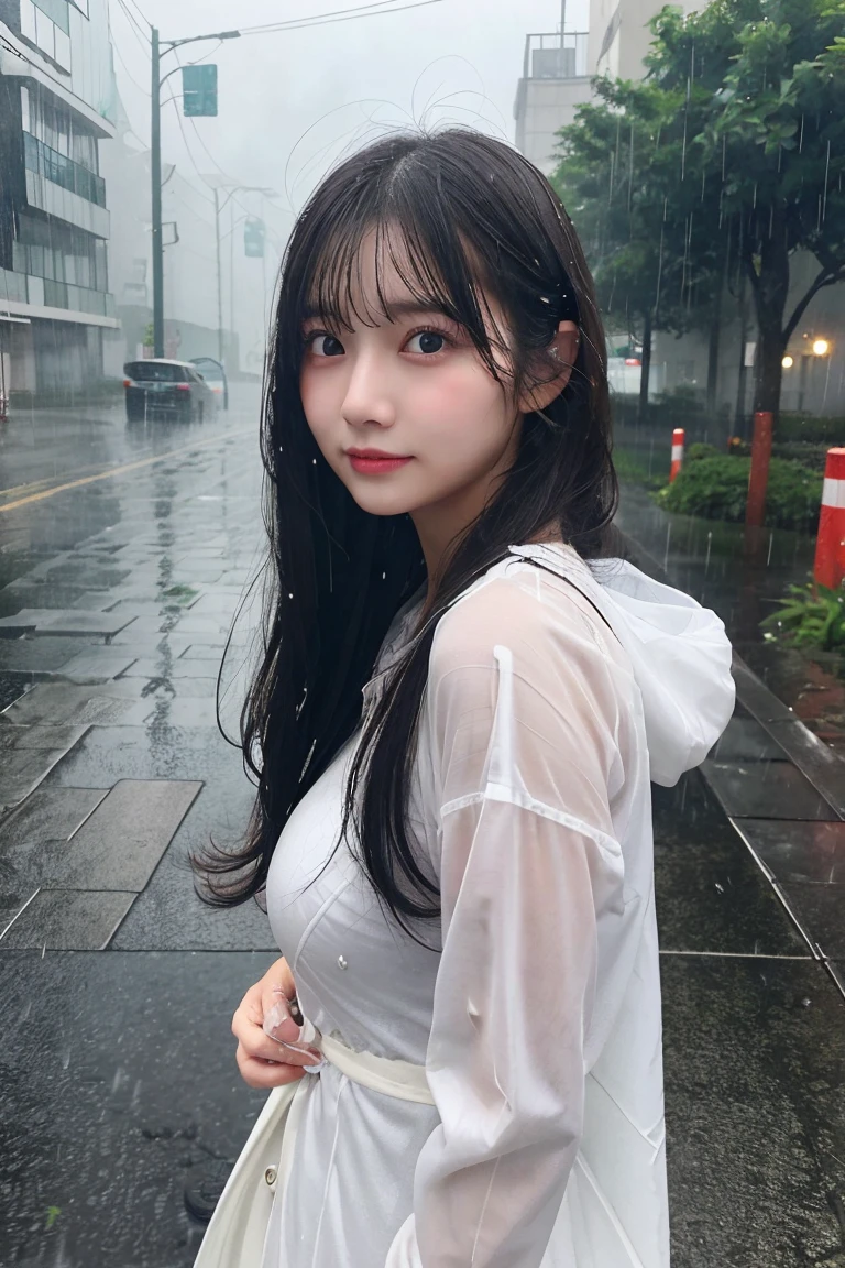 20-year-old girl、heavy rain、Raining、Long Hair、Big Breasts、cute、Beauty、whole body