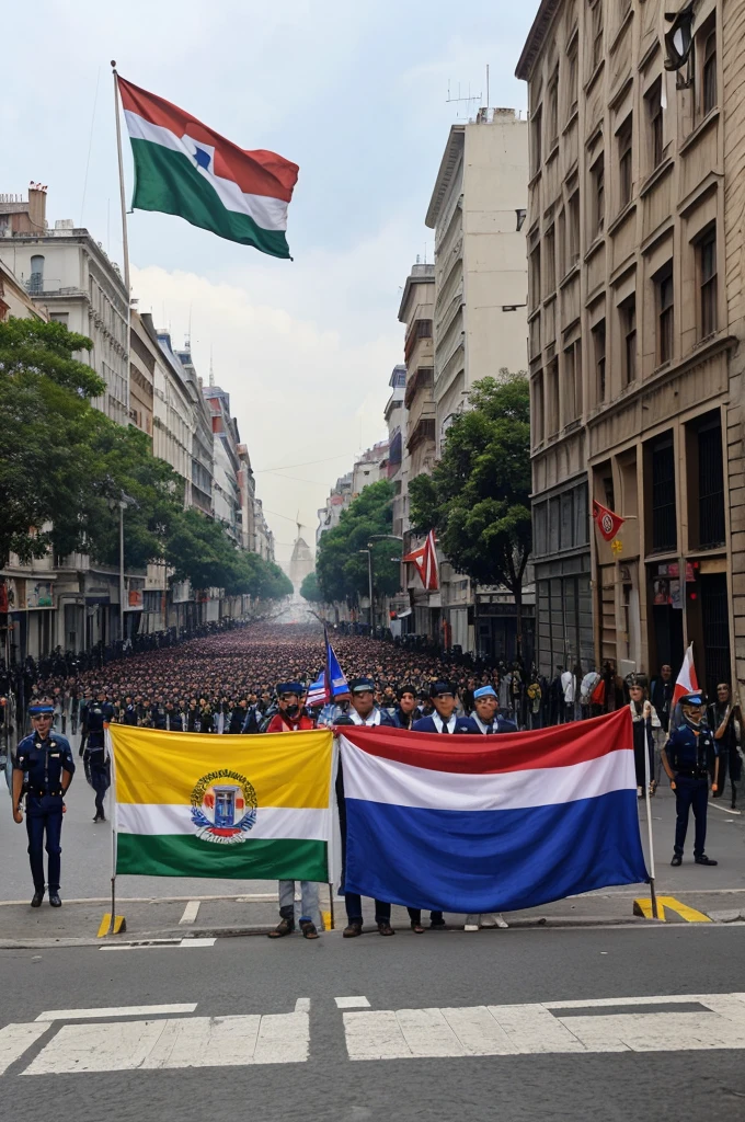 Barricades in the streets, citizens waving the tricolor flag, and the slogan "Liberty, Equality, Fraternity" on banners.