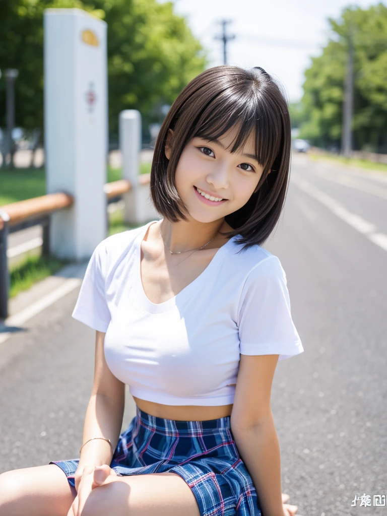 8K,masterpiece,Japanese,14-year-old girl,from the front,smile,cute,Innocent face,Innocent,Kind eyes,Childish,Plain T-shirt,Short sleeve,Blue checked short skirt,semi-long,Hair blowing in the wind,Black Hair,Somewhat strong wind,noon,bright,Sitting、M-shaped feet, (Large Breasts:1.2),(Emphasize the chest)