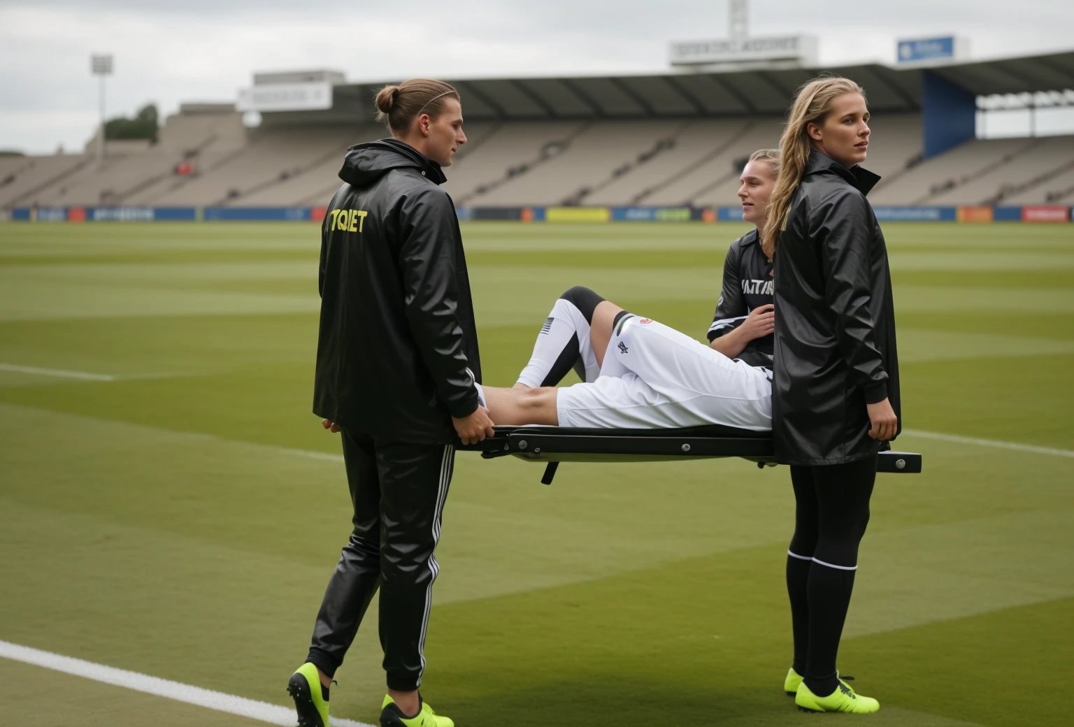 There are two madeup women I shiny and wetlook outfits carrying a stretcher on a sports ground, there is a slightly bearded and attractive young male sportsman lying injured on a stretcher with a very painful expression, there is a sportsman lying on his back on a stretcher and covers his painful looking face with his hands, there are women in wetlook laquered outerwear carrying a man on a stretcher in a sports stadium, there is a man on a stretcher being carried by two very madeup women, there is a bearded soccer-player lying on a stretcher, there is a soccer-player on a stretcher with his hands over his face, a soccer-player is lying on a stretcher and has put his hands over his face, soccer, football