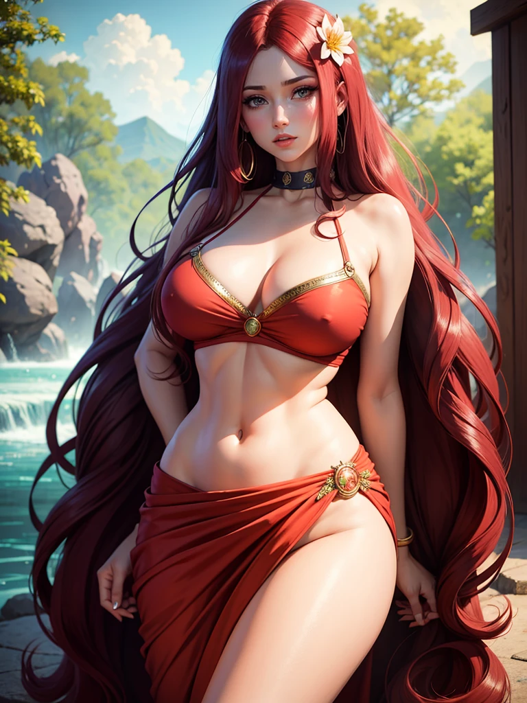 (absurderes, A high resolution, Ultra detailed, hdr), Masterpiece, Best quality, uzumaki_kushina, animated style, closeup shot, anime in a red and green combination indian dress i.e (saree or lahaenga choli), long black wavy hair untied and wearing hair ornaments, calm expression, bright big blake eyes, holding a flower, natural beauty, vibrant colors, dreamy, northern light, pink bubble, romantic, soft lighting, vintage aesthetic,huge breasts, medium ass,medium thighs