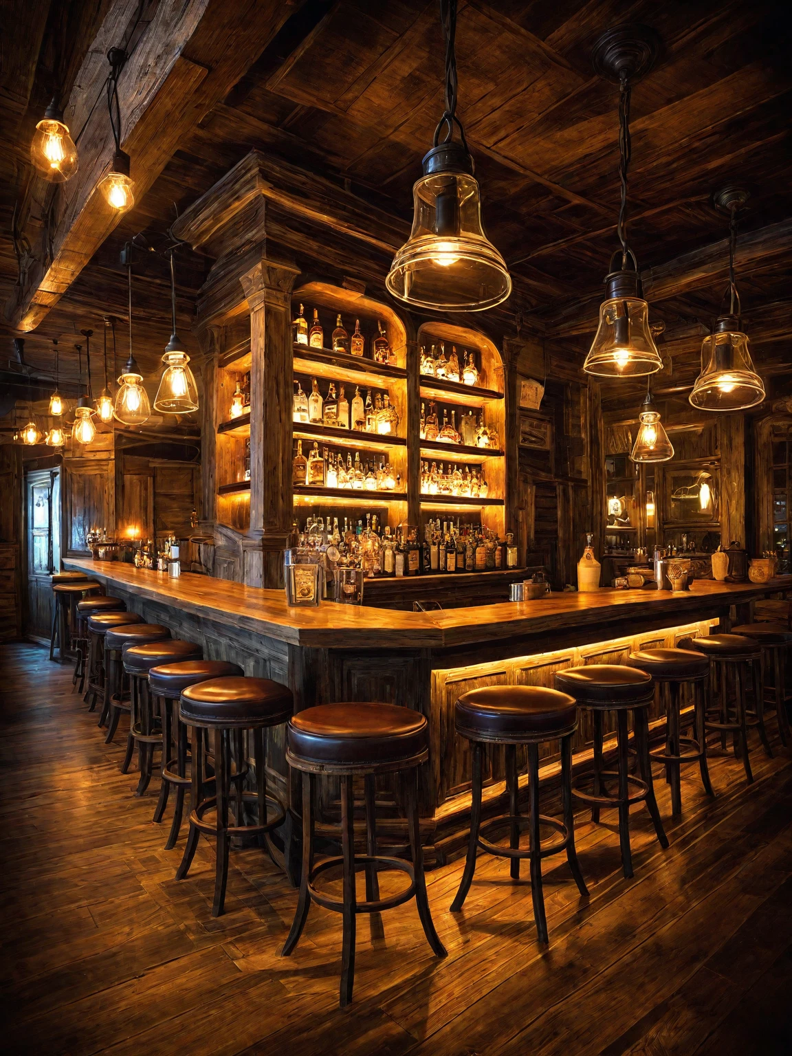 Vintage-style bar, rustic wooden furniture, antique pendant lights, dim lighting, cozy ambiance, aged wood, warm glow, vintage decor, intimate, nostalgic
