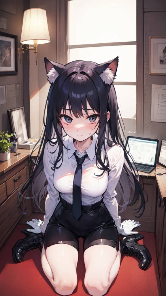 18-year-old Shota,cute,Wear a white long-sleeved shirt and a black work tie,Wear black pants,Wear black booties,Wear white gloves,wear cat ear,Wearing a collar,Black hair,Black eyes,Very thin waist,Very thin legs,Handsome,Disdainful and cold expression,shy,blush,scared,Sweating,porn,Is giving sexual assault,Glove removal action,Kneel down