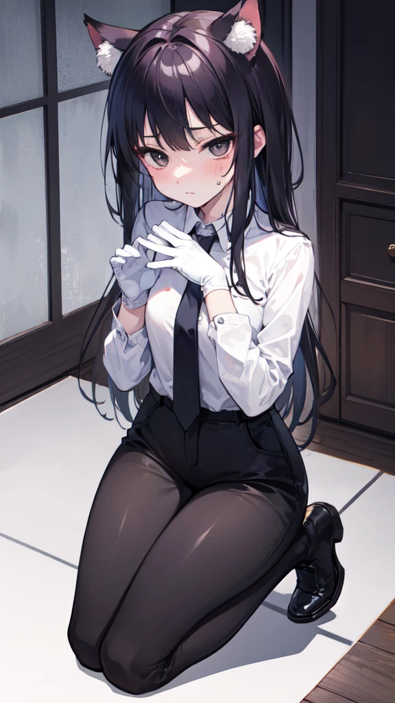 18-year-old Shota，cute，Wear a white long-sleeved shirt and a black work tie，Wear black pants，Wear black booties，Wear white gloves，wear cat ear，Wearing a collar，Black hair，Black eyes，Very thin waist，Very thin legs，Handsome，Disdainful and cold expression，shy，blush，scared，Sweating，porn，Is giving sexual assault，Glove removal action，Kneel down