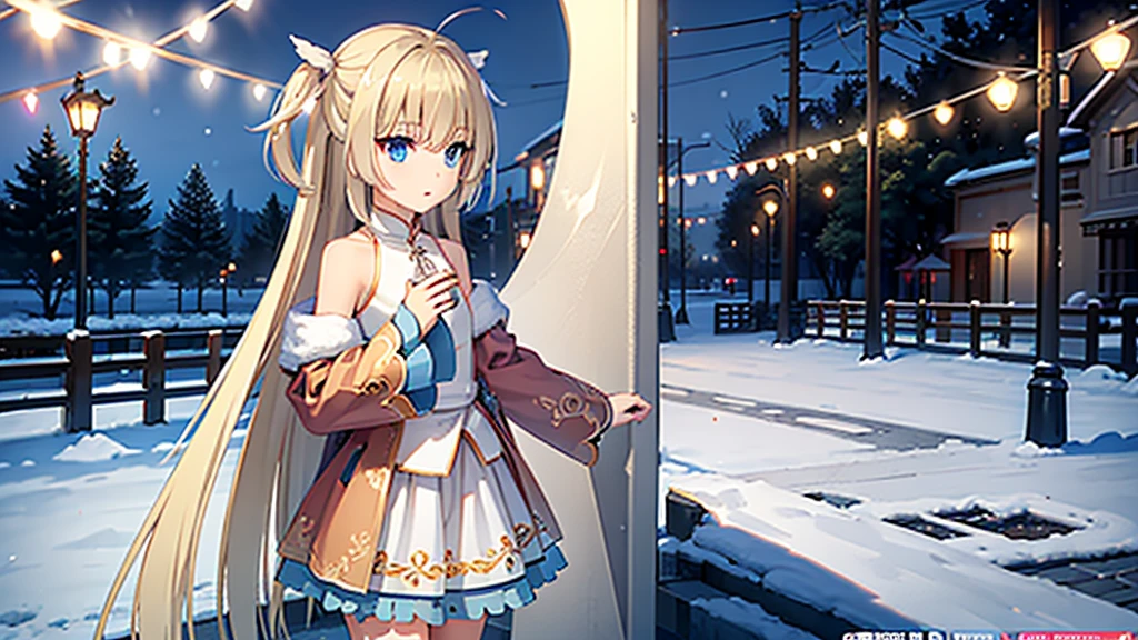 ((masterpiece)),(best quality),Official Art,Extremely detailed CG,Unity 8K wallpaper,Very detailed,Beautiful and delicate eyes,Extremely detailed face,1 girl,solitary,,(whole body:1.5),(small:1.3),，winter，Frost Circle，Light up the lights，Wish you a Happy New Year，Spring Festival，Wear a long white silk scarf，Red Jacket，Walking in the street，Celebrate in a warm atmosphere，Getchu Beautiful Girl Game Awards 2023 Magazine Cover