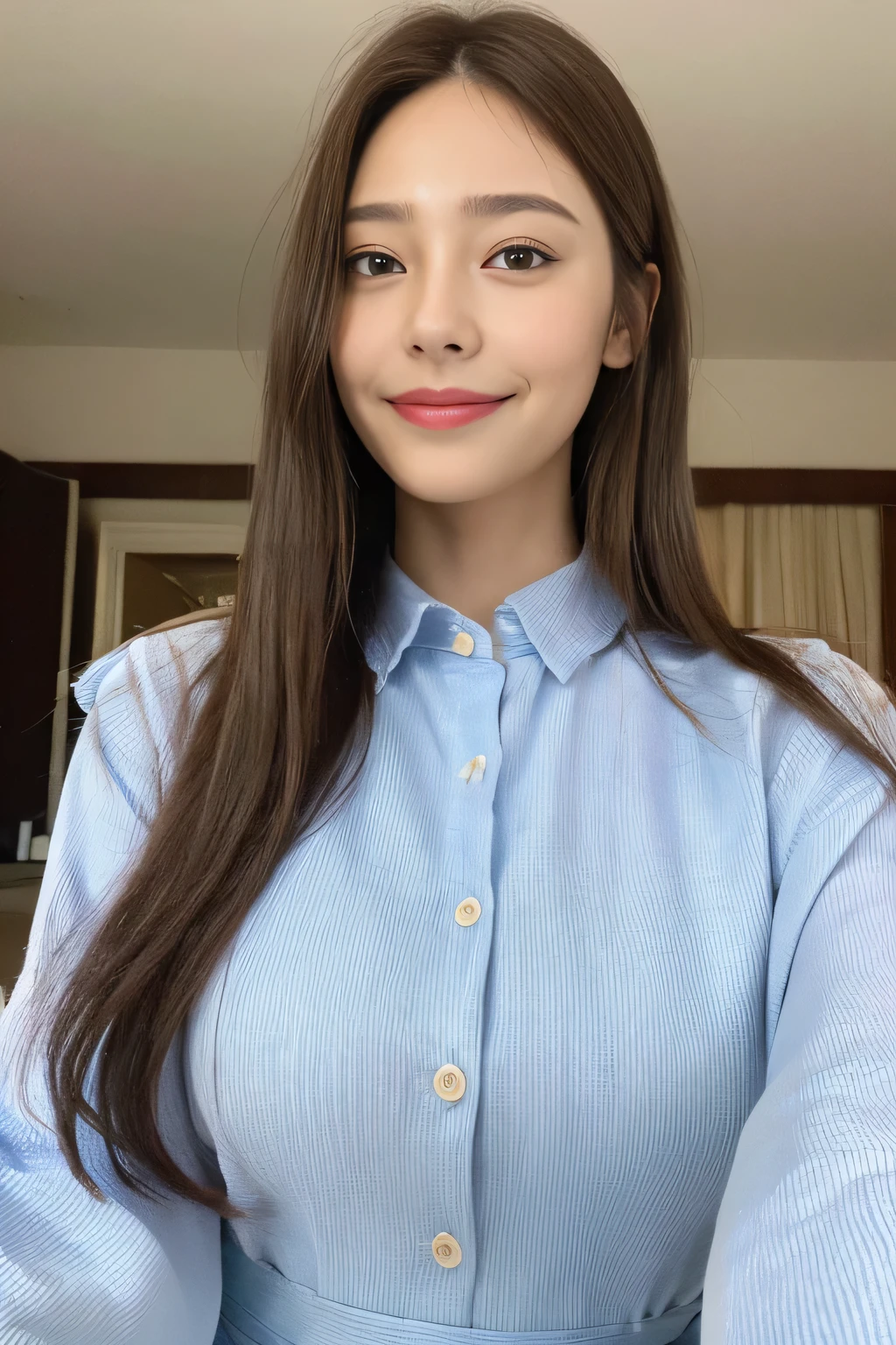 seed:2020674263.((Full body angle:1.1)).((Highest quality, 8K, masterpiece:1.3)), ((from below:1.1)).concentrated:1.2, Perfect body beauty:1.4, Hips:1.2, ((Delicate Hair)), (Colorful button-through crop shirt :1.1) , ((Highest quality、8k、masterpiece:1.3))、1 Girl、A sloppy smile、Esbian all over、Slim face、Big Boobs、Beautiful woman、(Dark Brown Hair)、Long Hair、1、Flickering Valley、Detailed eyes、double eyelid、Blurred Background、超Slim face、Smile、Looking down、stroll、